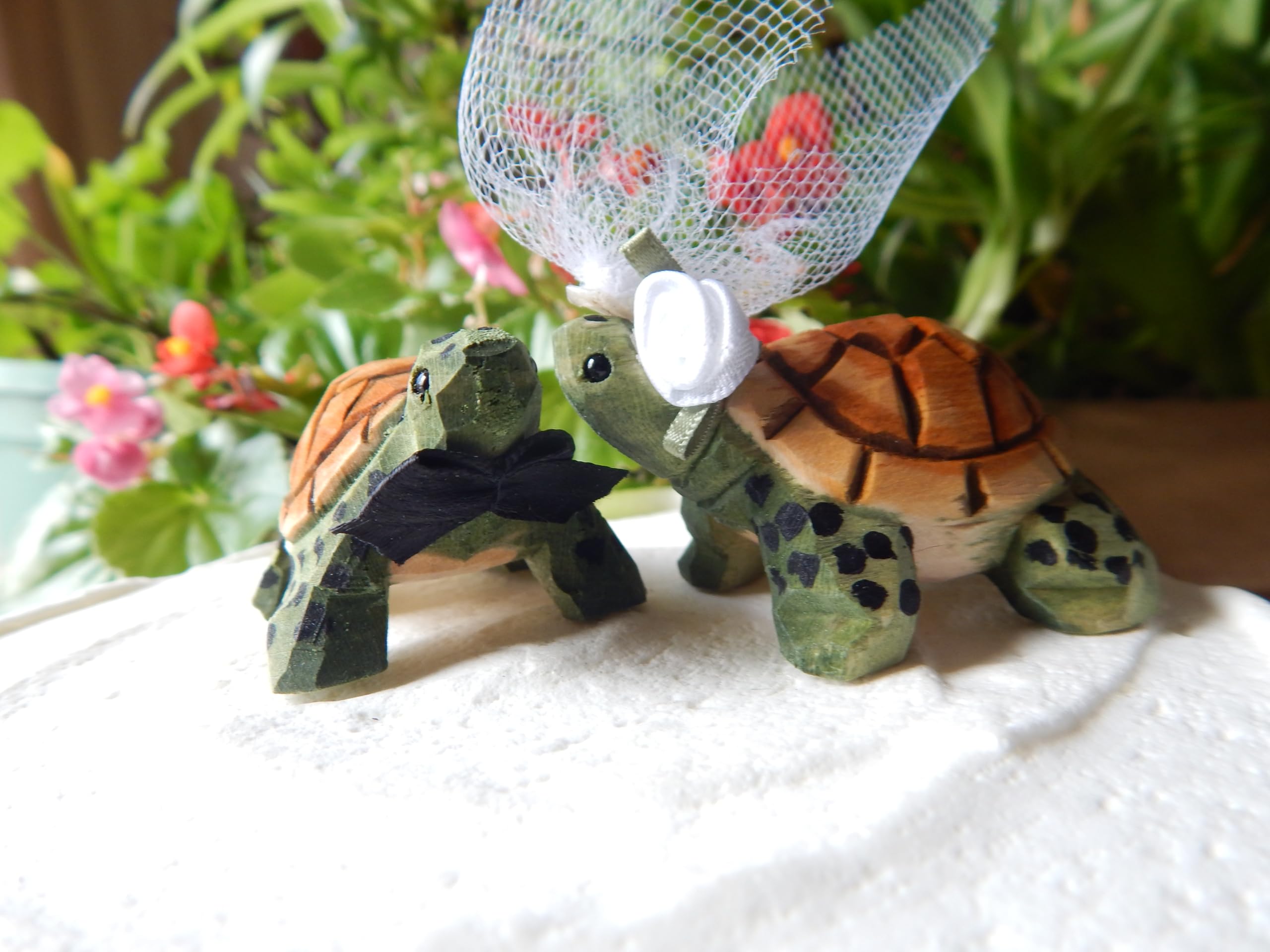 Turtle tortoise figurine Cake Topper Bride & Groom Love Wedding Engagement Anniversary Carved Wood Statue