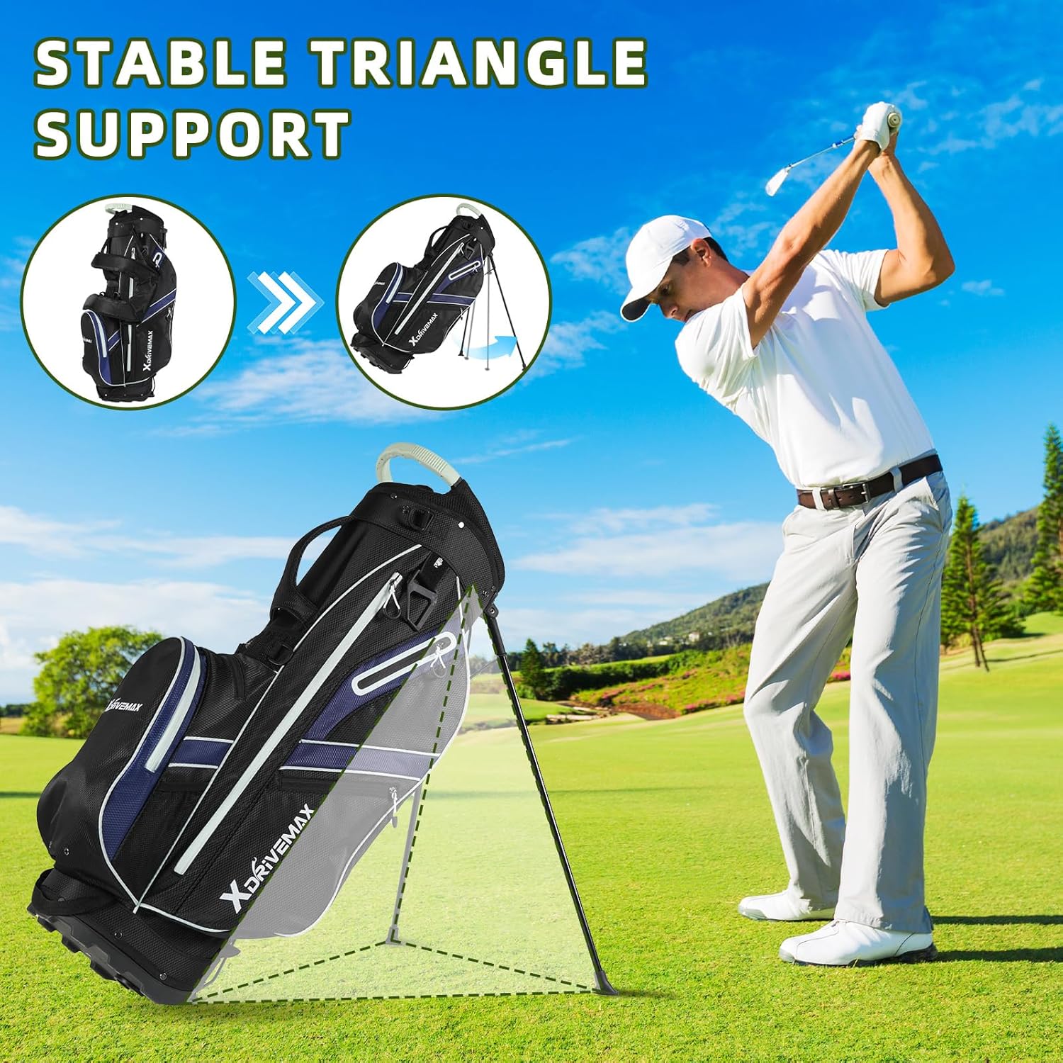 Golf Stand Bag, Lightweight Golf Bag with Stable Stand,Compact Design Featuring Easy-Carry Shoulder Straps, 4-Way Top & 8-Way Top, Essential Storage Pockets