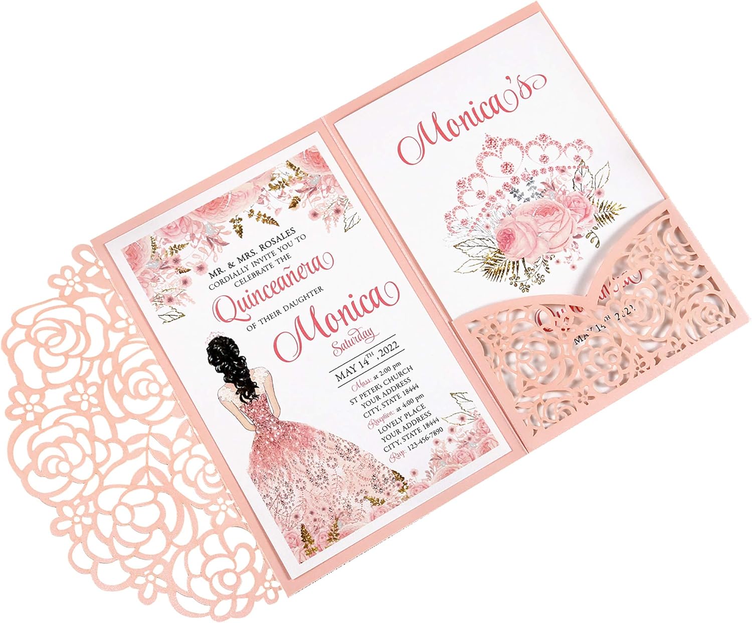 DreamBuilt 4.7 x7 inch 50PCS Blank Pink Quinceanera Invitations Kit Laser Cut Hollow Rose Pocket Quinceanera Invitation Cards with Envelopes for ...
