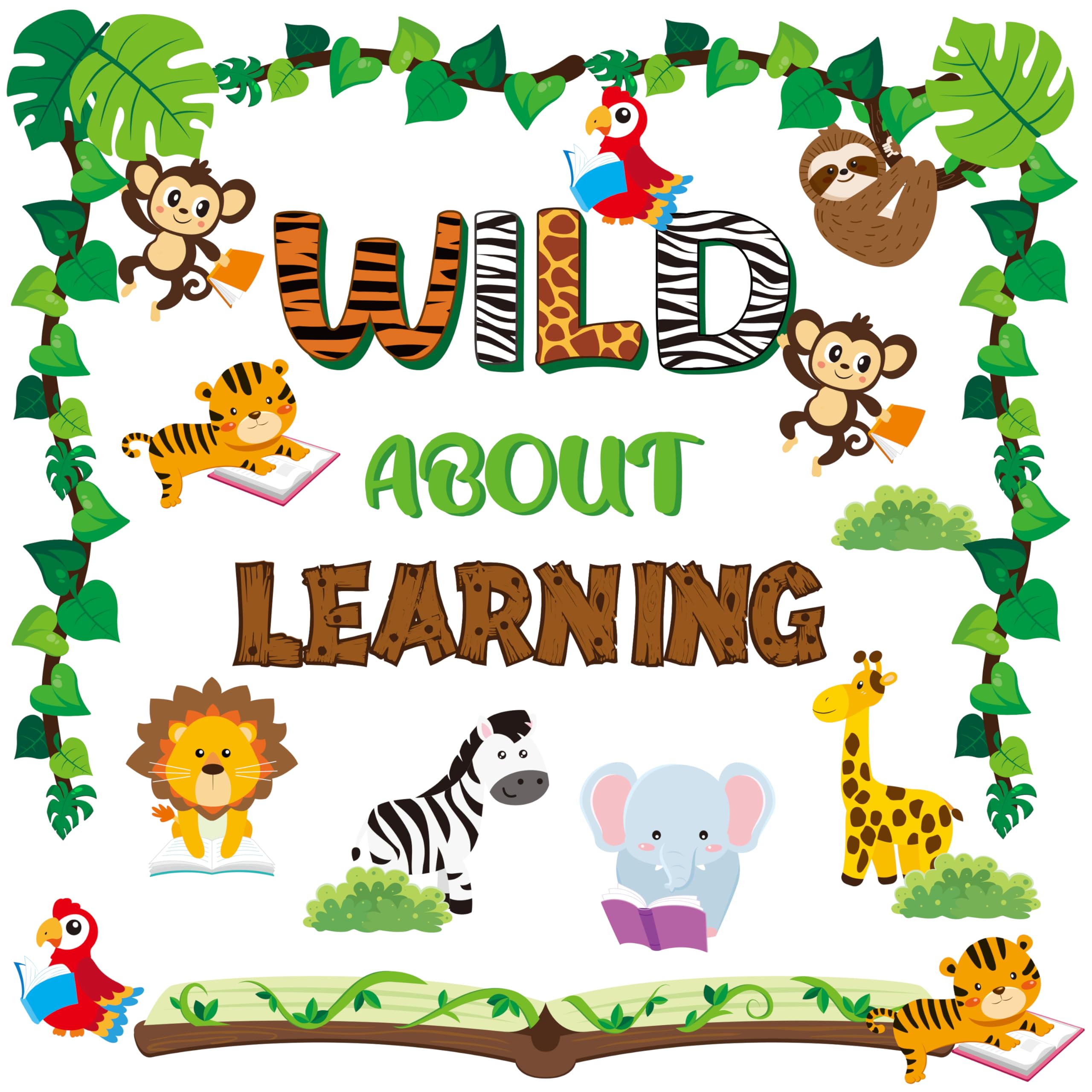 91Pcs Wild About Learning Animals Bulletin Board Back to School Classroom Decoration Wild Animals Leaves Cutouts Learning Book Study Wall Decals for Preschool Chalkboard Window Door Supplies