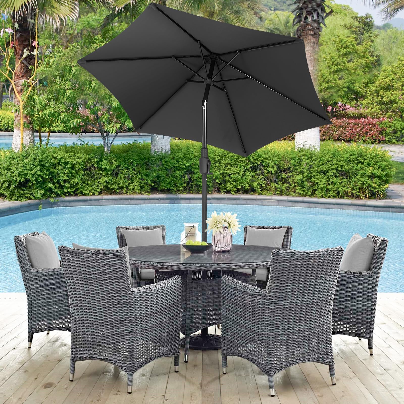 Sekey Parasol 220 cm avec Manivelle et Basculement Auto - Ombrelle pour Terrasse, Balkon & Jardin - Windproof UPF 50+