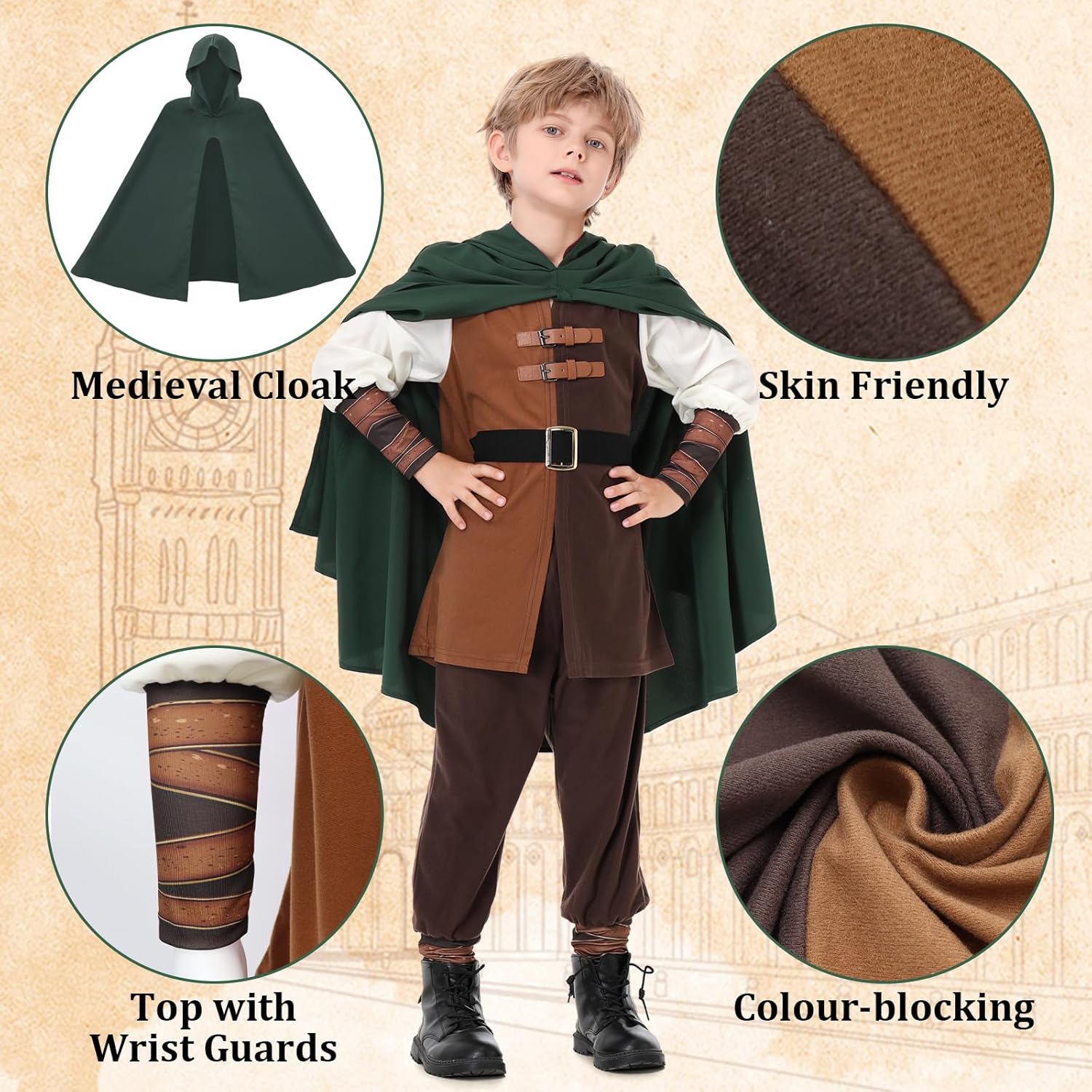 Ezuwail Boys Renaissance Costumes Outfit Kids Medieval Viking Costume Sets for Halloween, Ren Fair - Image 3