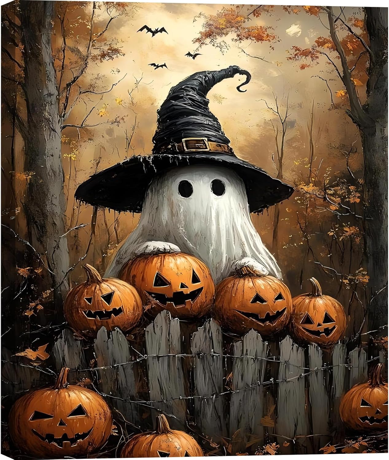 Ghost Wearing Witch Hat Framed Canvas Wall Art 24x36, Spooky Pumpkin Halloween Poster Print, Rustic Farmhouse Wall Decor for Bedroom, Fall Spooky Home Decor for Living Room