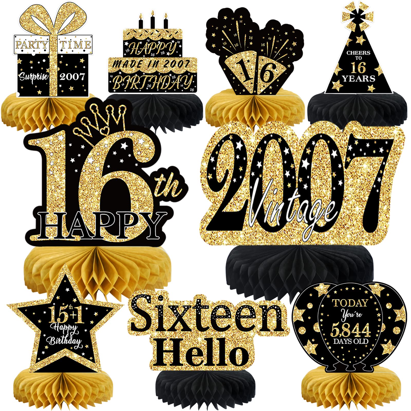 Buy 9Pcs Black Gold 16th Birthday Decorations Honeycomb Centerpieces ...