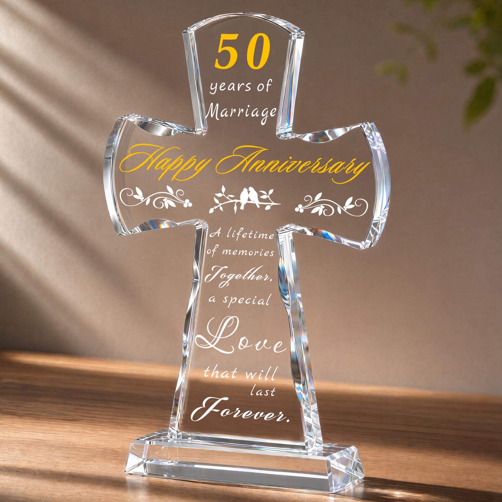 50. rocznica ślubu kryształowy krzyż religijny prezenty dla pary, 50 rocznica romantyczny prezent dla niego dla niej, grawerowane laserowo szkło stojący krzyż pamiątka dla kobiet mężczyzn