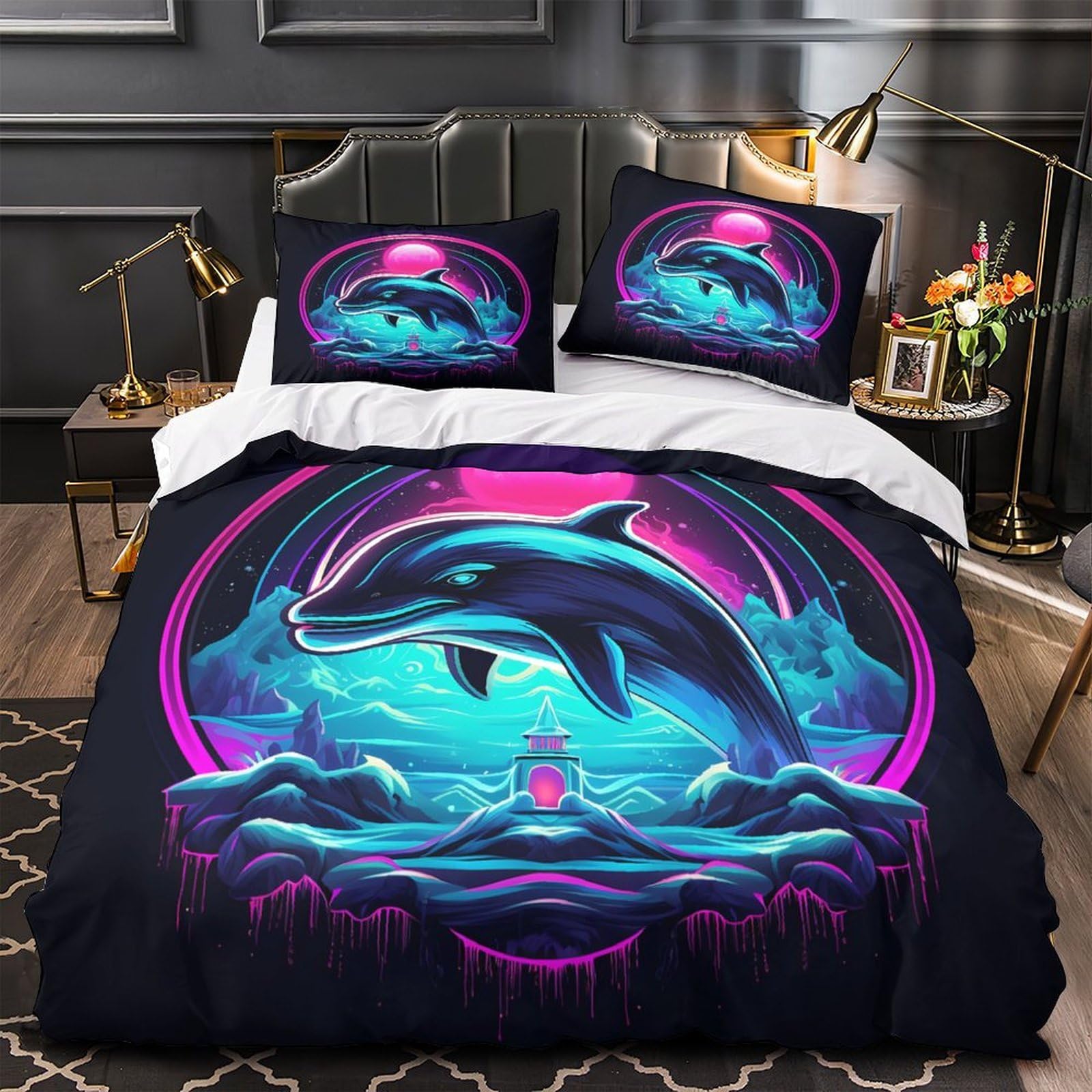 Housse de couette dauphin microfibre légère et anti-tache imprimé néon
