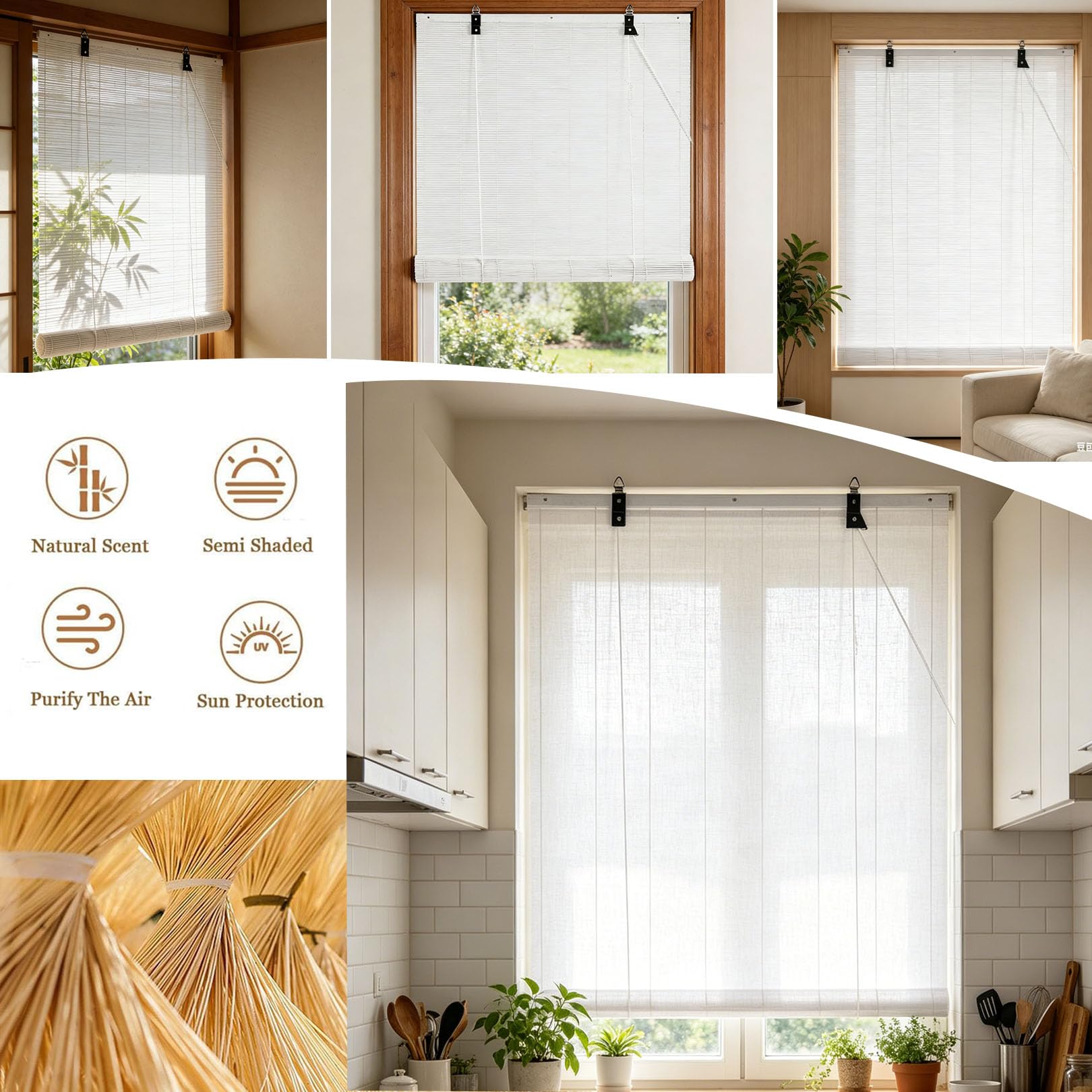 110x110cm Store Enrouleur Occultant en Bambou Blanc,Protection UV | Naturel Respirant Store Filtrant la lumière pour fenêtre Balcon,Rideau de séparation pour Salon Bureau Salle de thé