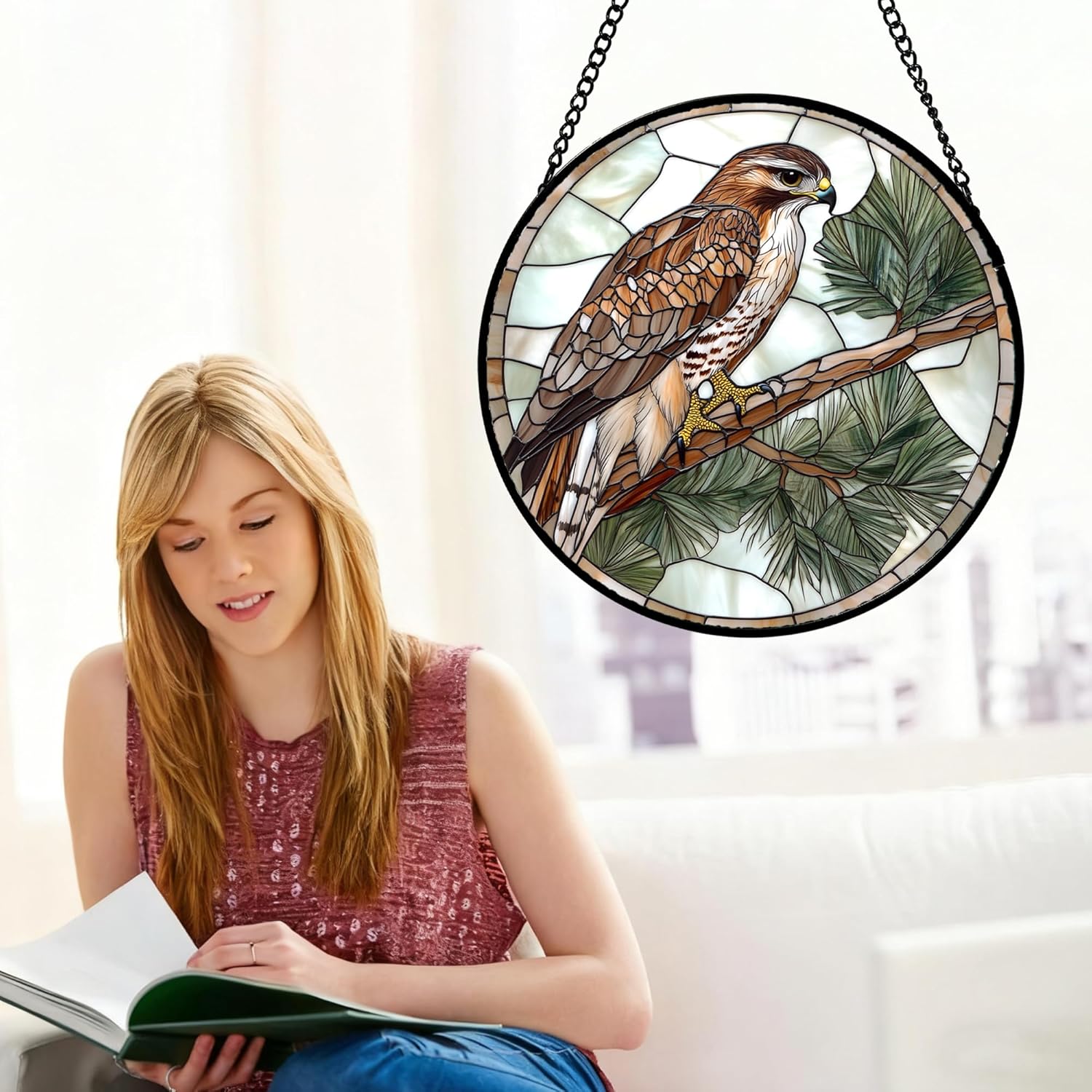 Stained Glass Window Hanging Bird Brown Pine Large 15" - Winter Suncatcher Door Terrace Garden Sun Catcher Home Decor Birthday Christmas for Mom Men Woman Wife Friends