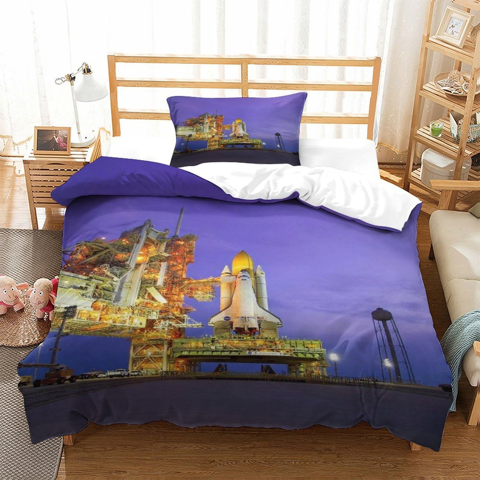 LILIlaobiao Space Shuttle Bedding Set with Hidden Zipper, The Discovery Shuttle Duvet Cover Set with Pillowcases, Soft Microfiber Luxury Quilt Cover Set Single（135x200cm）