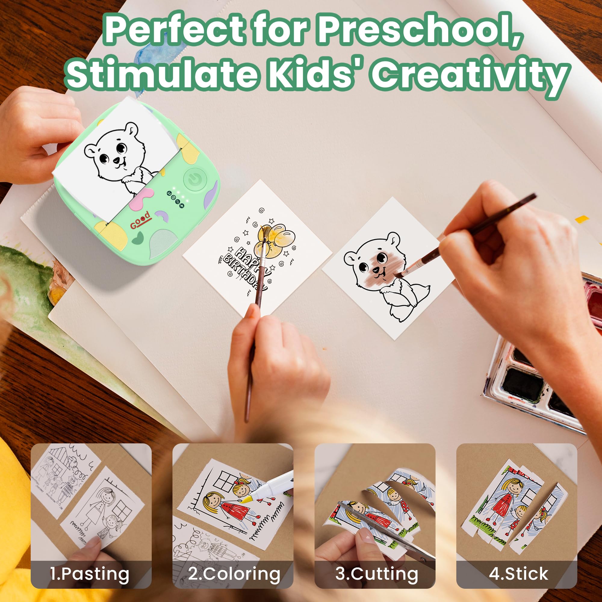 Imprimante Thermique Mini sans Encre Bluetooth Portable 3 Rouleaux Papier Vert pour Stickers Étiquettes DIY Enfants