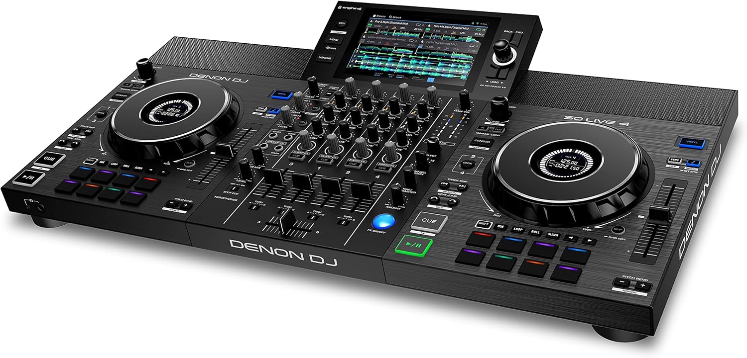 Denon DJ SC LIVE 4 Controlador DJ Autónomo, Mezclador 4 Canales, Streaming de Amazon Music, WiFi, Altavoces, Compatible con Serato DJ y Virtual DJ, Negro