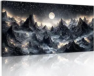 SERIMINO Large Wall Art for Living Room, Mountain Landscape Wall Decor, Fantasy Abstract Art Prints, Moonlit Night Black Canvas Painting, Cool Modern Pictures Home Decor for Bedroom 30"X60"