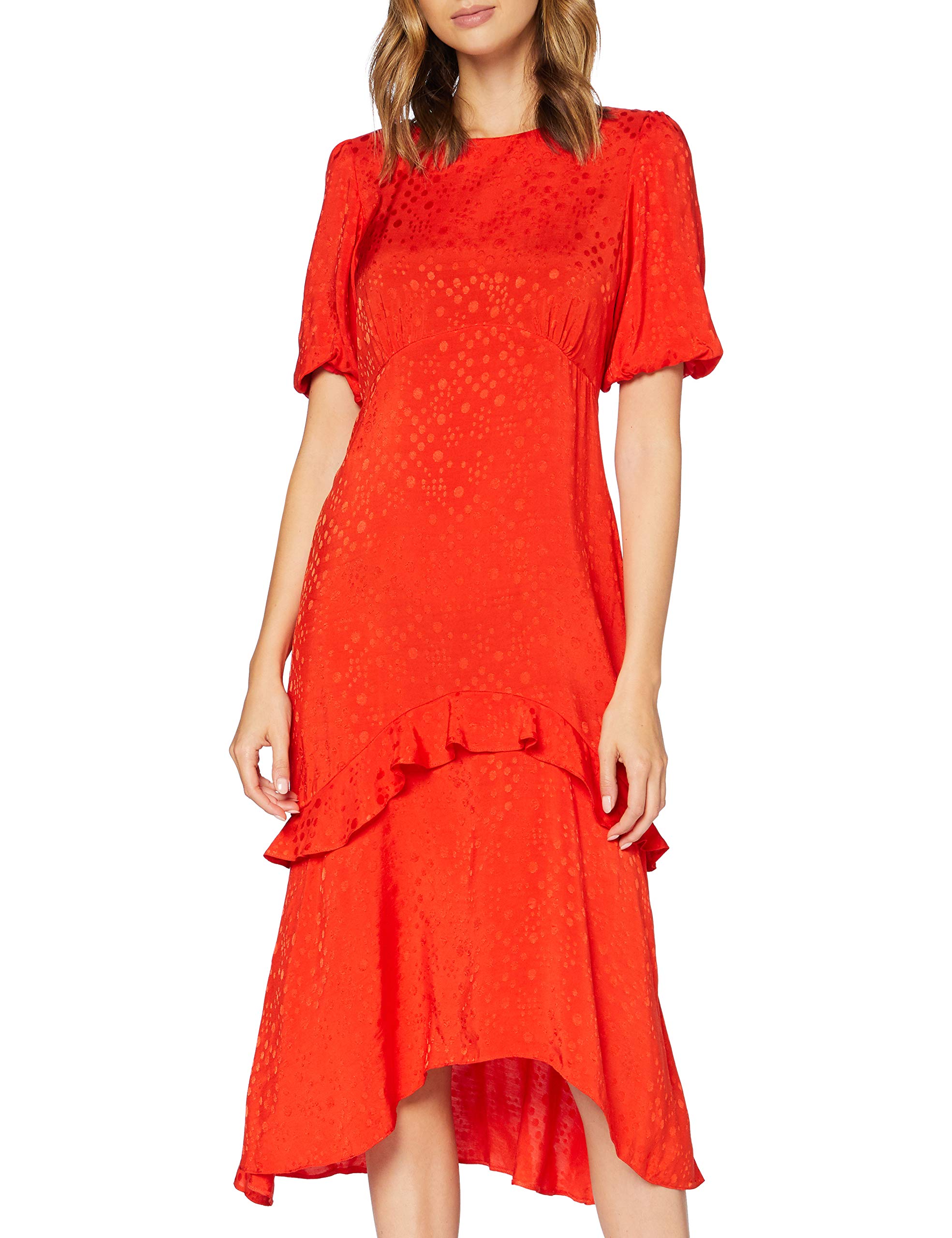 Women's Red Satin Jacquard Ruffle Midi Dress Casual