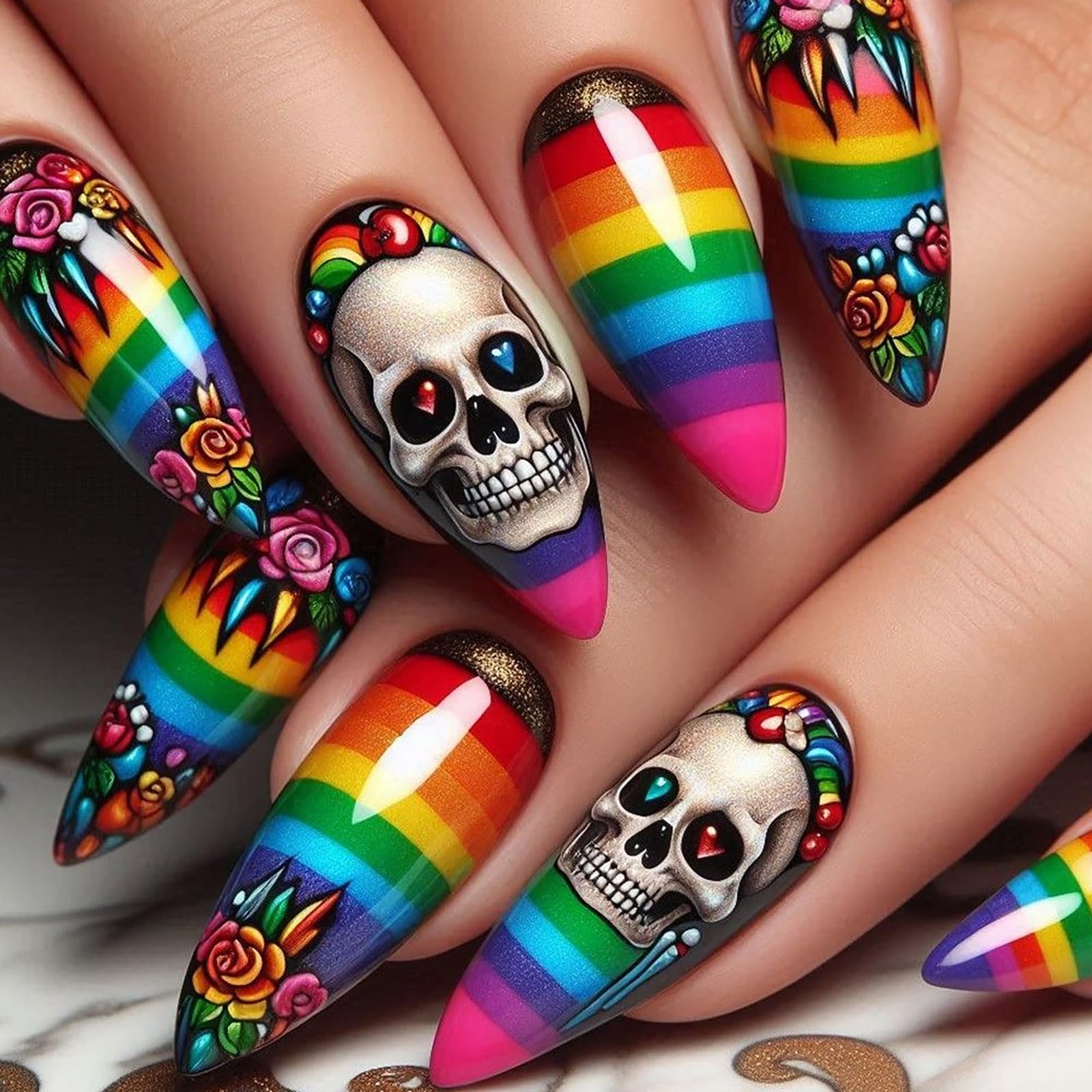 24Pcs Halloween Almond Press on Nails, Fake Nails for Women Girls, Glossy Stick on Nails with Rainbow Skull Designs, Reusable Acrylic Full Cover Nail