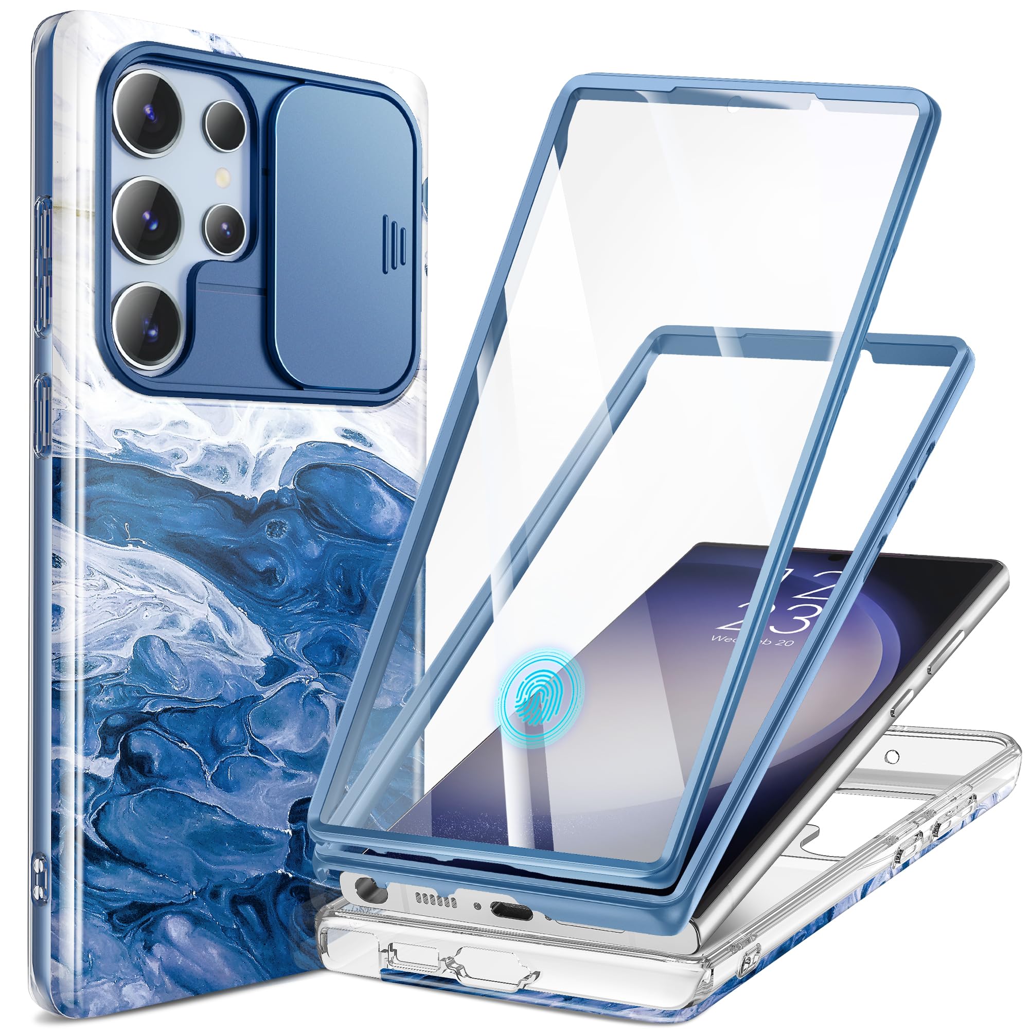 gviewin for samsung galaxy s23 ultra case with slide camera cover, [built-in screen protector] [2 front frames] military grade shockproof, marble phone case fit s23 ultra 6.8", glacier/blue