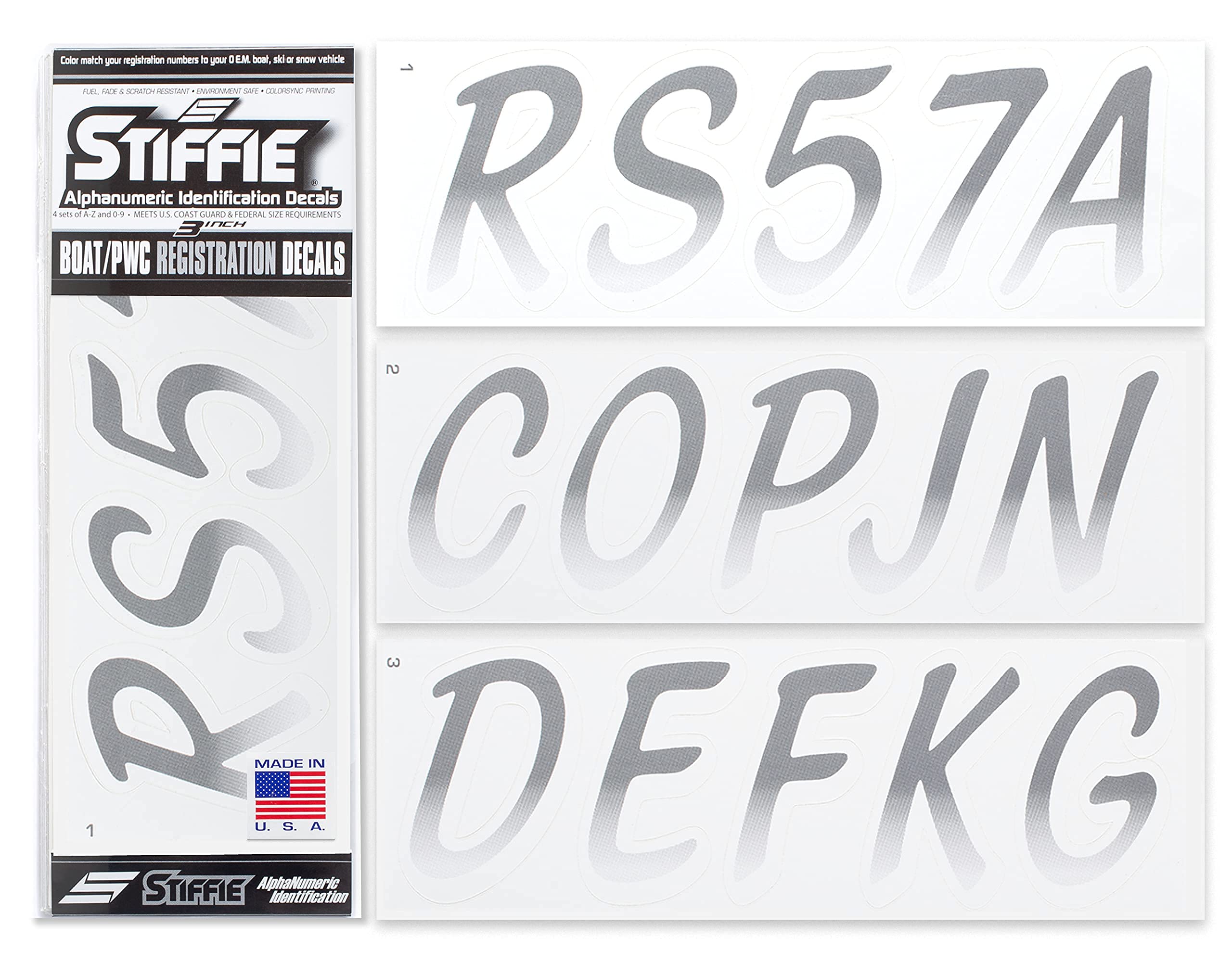 STIFFIE Whipline Carbon/White 3" Boat &amp; PWC Registration Decals • Numbers Letters Stickers