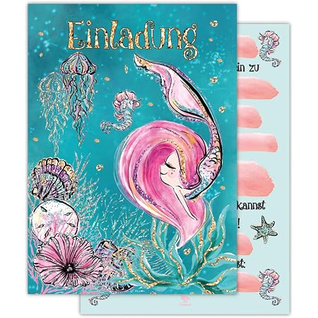 Pandawal 12x Einladungskarten Kindergeburtstag Madchen Kinder Geburtstag Meerjungfrau Einladung Rosa Pink Einhorn Party Ausflug Feier Motto Amazon De Spielzeug 
