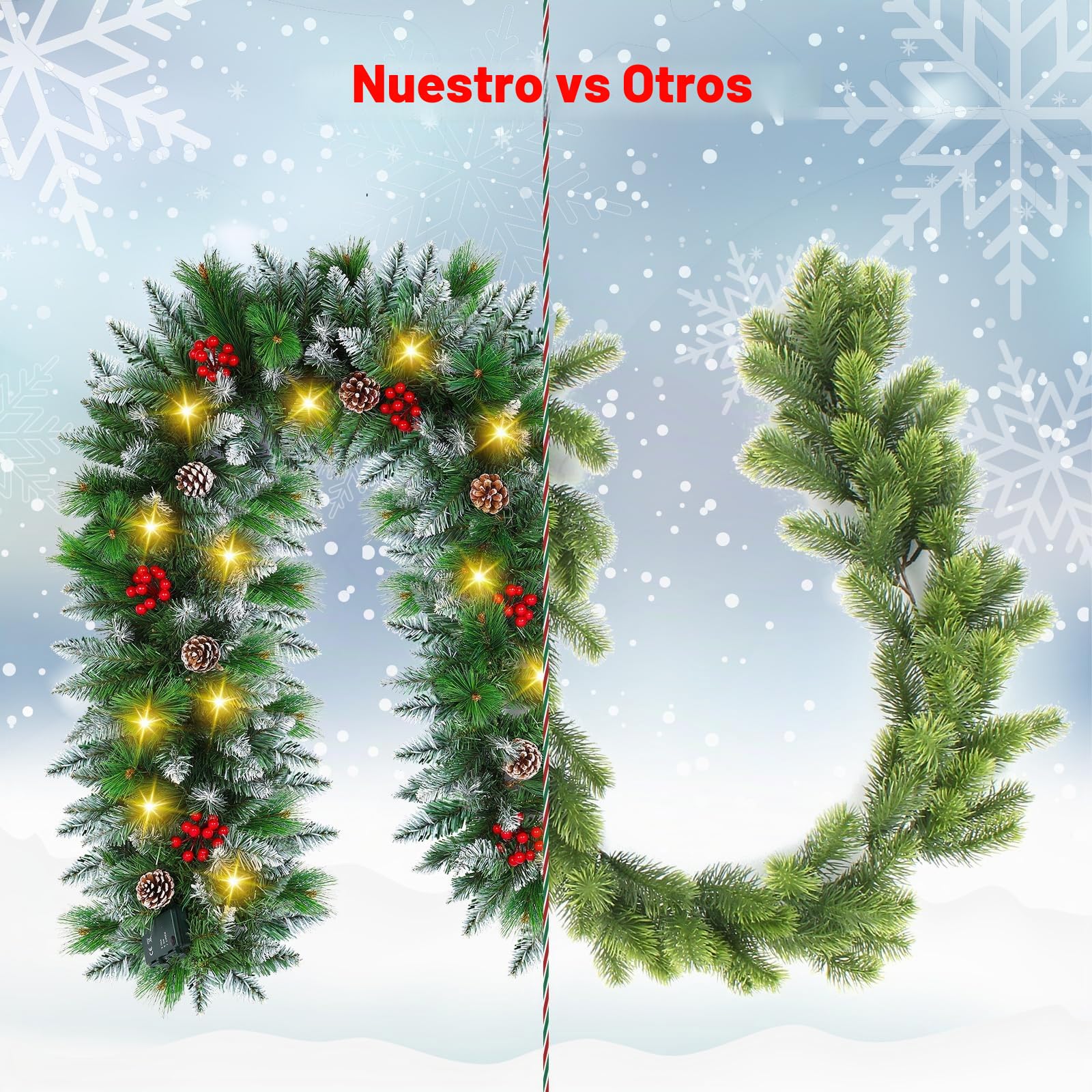 Guirnalda navideña con iluminación de 30 LED - 2,7M de guirnalda de abeto con iluminación, esferas florales - decoración navideña de ratán, guirnalda para Navidad para escalera, interior y exterior