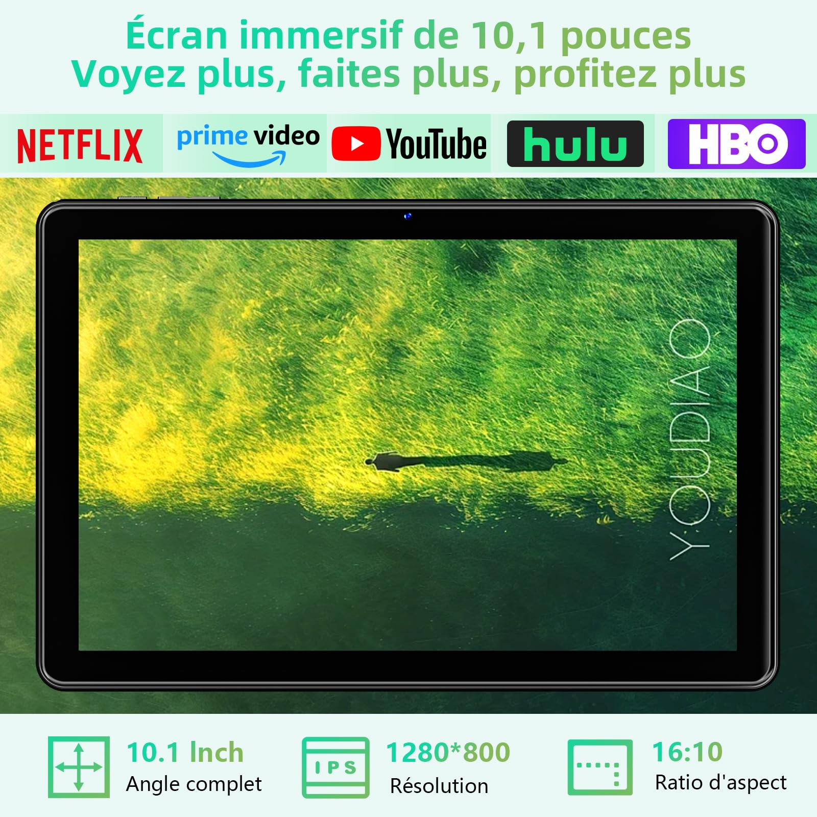 Tablette 10 Pouces, Tablette Android 15 avec Gemini AI, 18 GO RAM + 128 GO ROM + 1TO TF, Octa-Core, Écran Tactile IPS HD 1280x800, 6000 mAh, Widevine L1, WiFi 6 & BT 5.0, Caméra 5MP + 8MP(Noir)