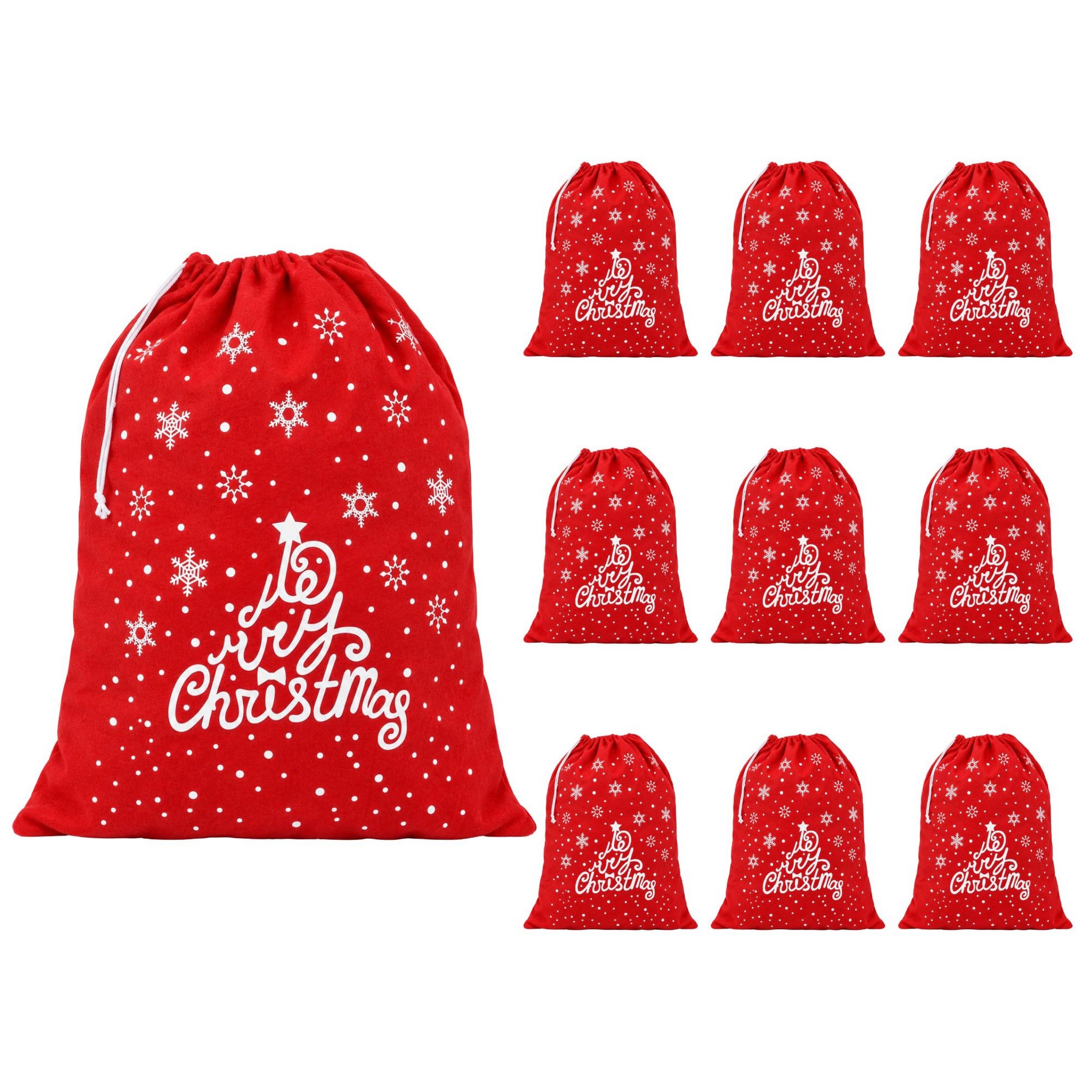 10Pcs Santa Sack Red Felt Christmas Gift Bags Snowflake Drawstring, 60x50cm | Red Felt with White Snowflake Print and Merry Christmas Lettering, Drawstring Top for Xmas Gifts, Wrapped Treats and Presents