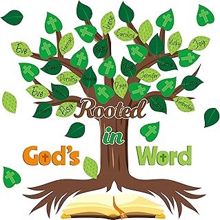 CY2SIDE Leaves Bible Tree Bulletin Board - 86PCS Rooted in God’s Word Tree Bulletin Board Set Green Leaves Name Tag Trees Cutouts Trim Borders Back to School Faith Religious Sunday School Wall Decor