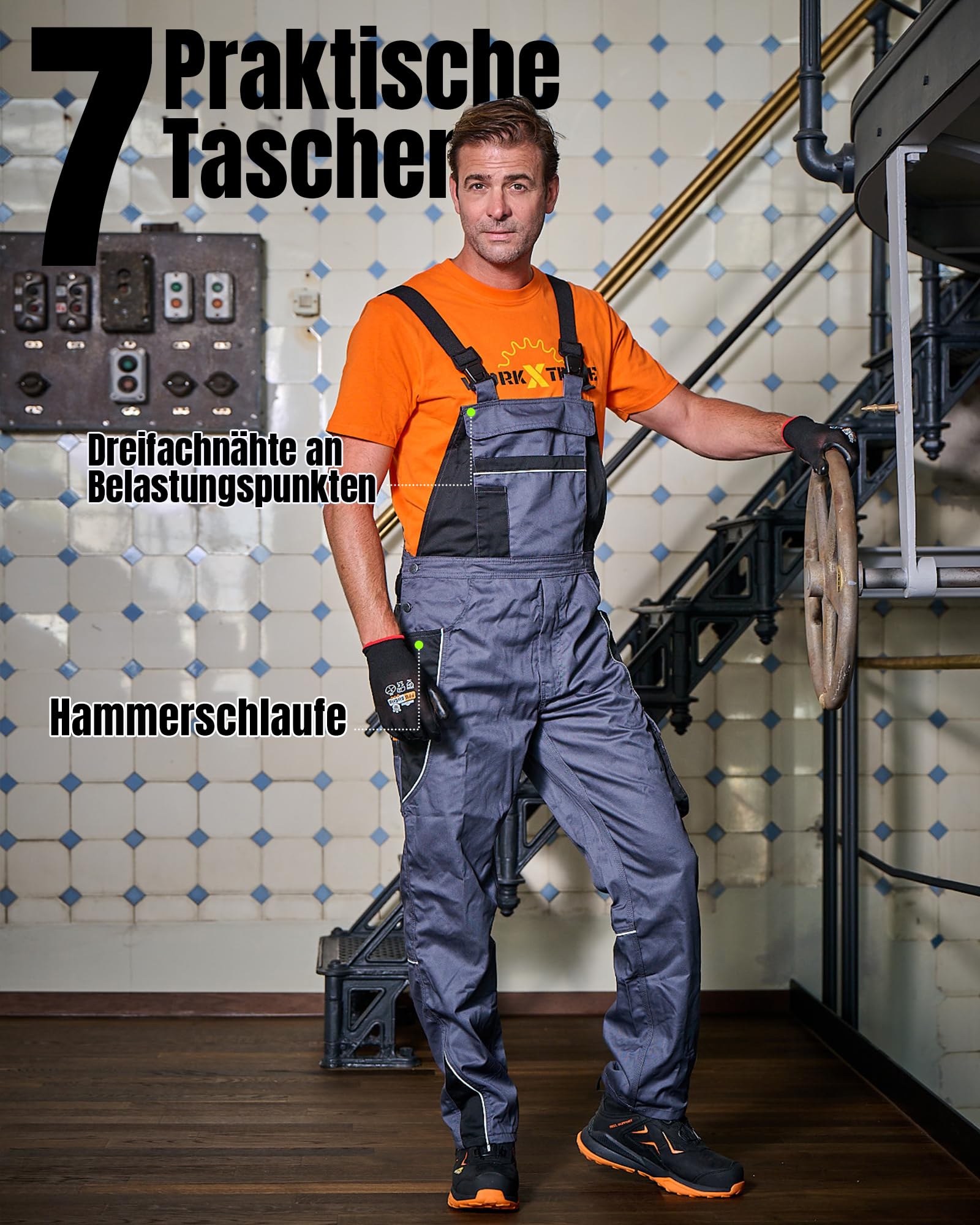 Scheibler Arbeitshosen Männer Reflektierende Workwear Active Latzhose Herren Schnittschutzhose mit elastischen Trägern & vielen Taschen