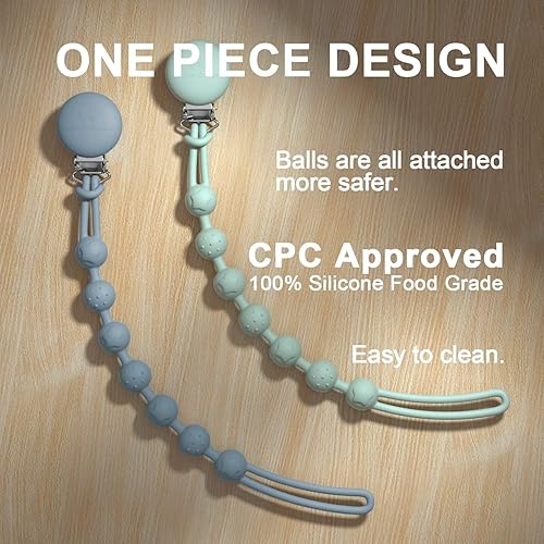 Miniatura 3 de Cuddle Campus Soporte de clip de silicona para chupete con diseño de una pieza, paquete de 4 clips suaves y flexibles con textura para bebé niño y