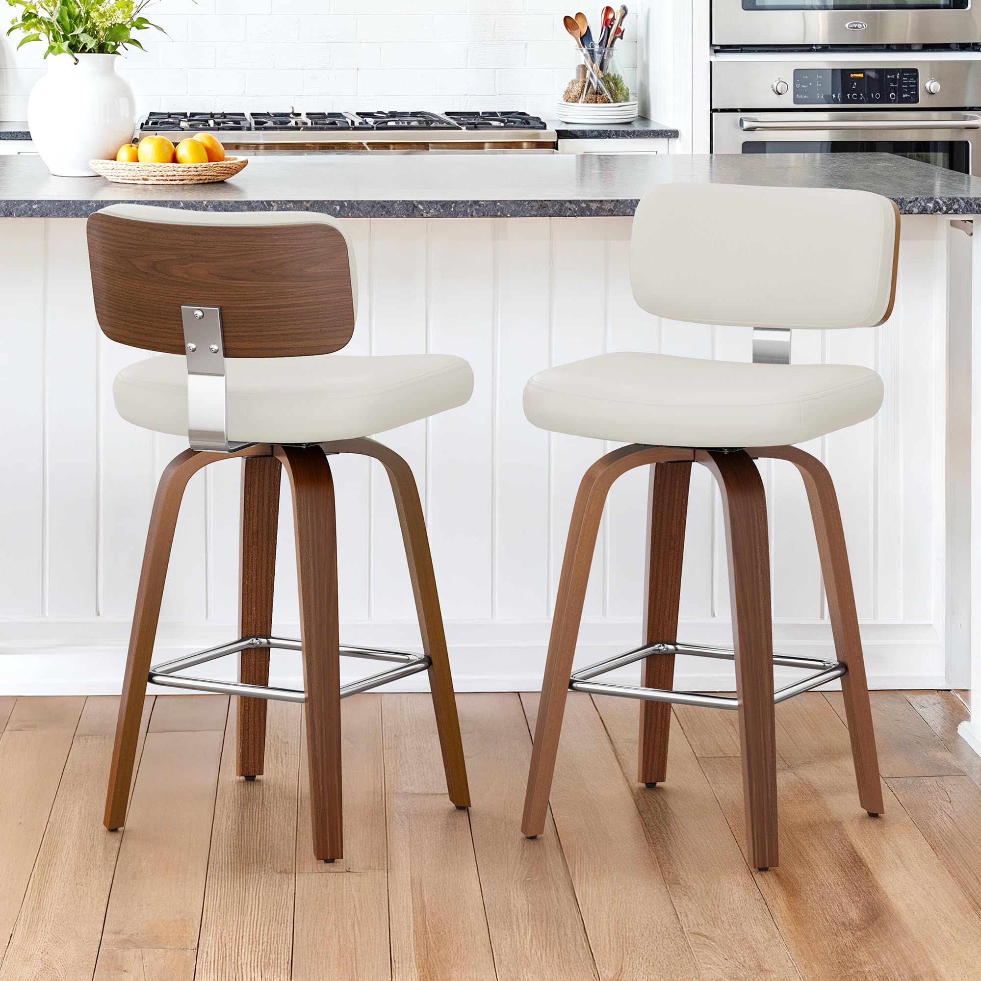 LUE BONA Juego de 2 Taburetes Altos de Cocina Madera,360°Giratorio 66cm Taburete de Bar con Reposapiés y Respaldo,Estructura de Madera Taburetes Cocina,para Cocina,Salón,Comedor,Bar,Blanco