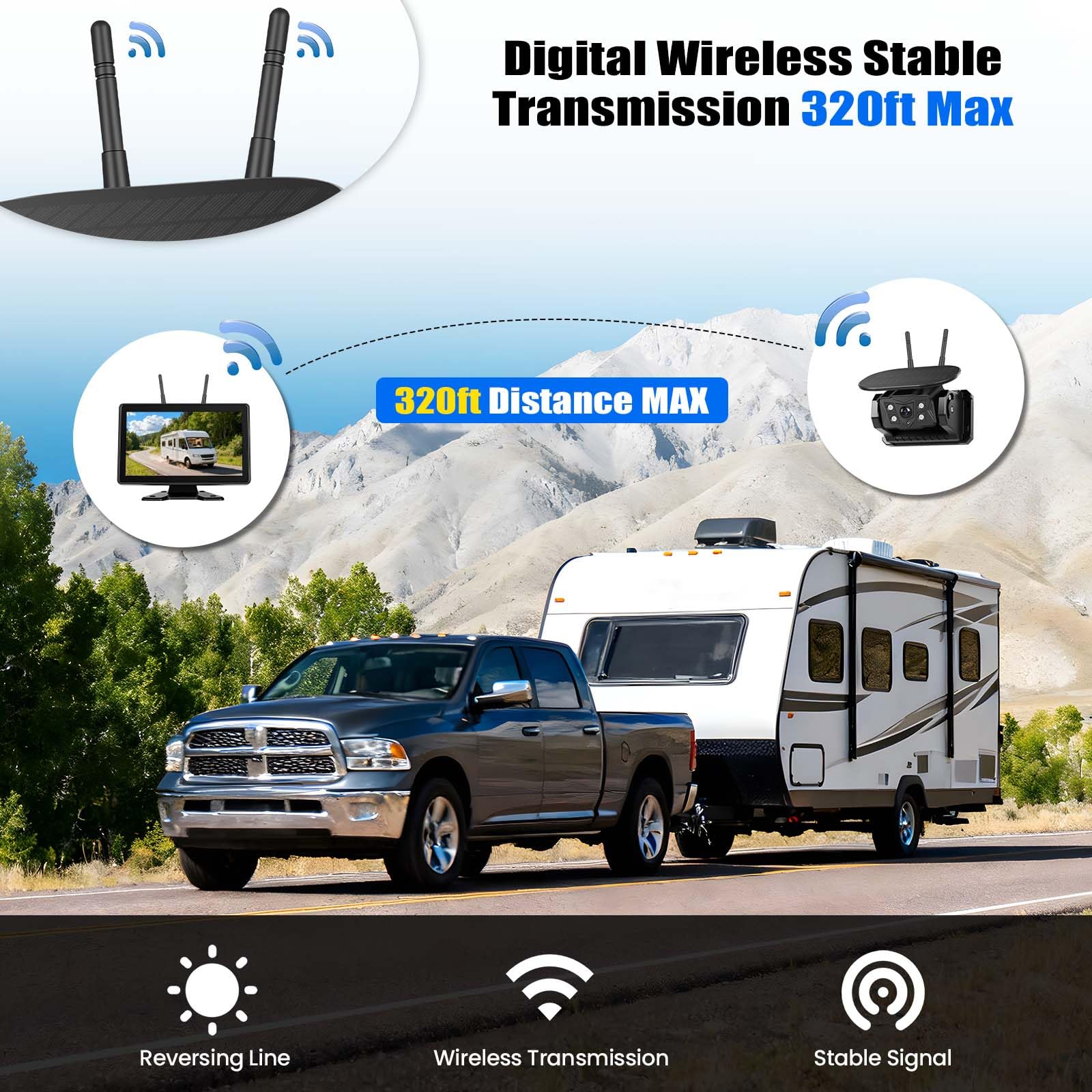 CAMECHO Cámara de Marcha Atrás Solar Inalámbrica con Monitor Táctil de 10,1 Pulgadas, 10000 mAh, Cámara Magnética 720P, IP68 Resistente, Visión Nocturna 320 pies para Coches de 12-36 V, Caravanas, SUV