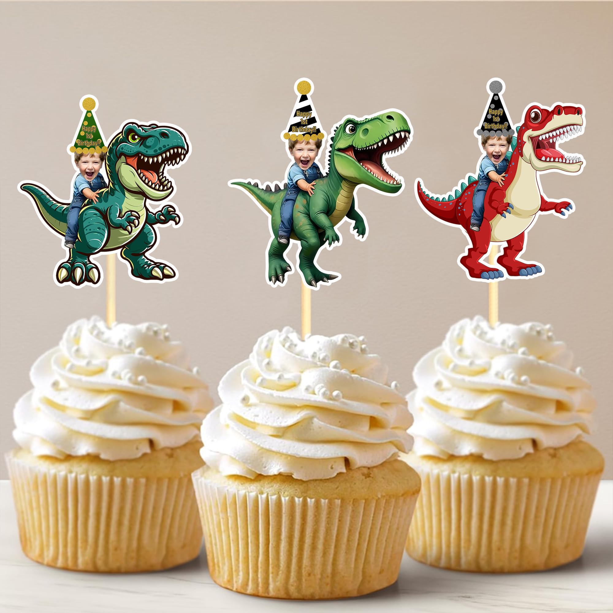 Personalized Dinosaur Face Cupcake Toppers, Baby Birthday Cupcake Toppers, Birthday Party Decorations, Birthdays Gifts