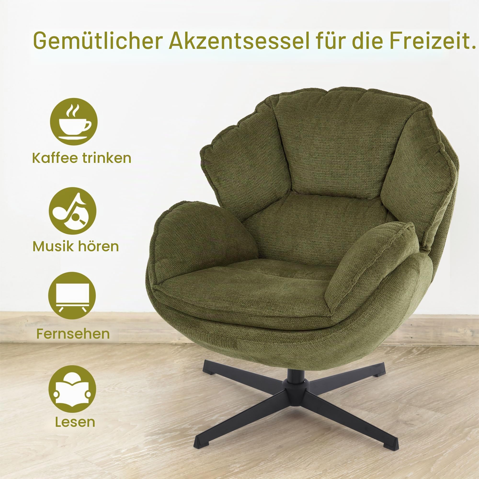 IWMH Sessel Wohnzimmer 360°Drehbar, Loungesessel Schlafzimmer, Polsterstuhl mit Breiter Sitzfläche, Ohrensessel mit Metallbeinen, Relaxsessel Lesesessel für Wohnzimmer Schlafzimmer Büro (Grün)