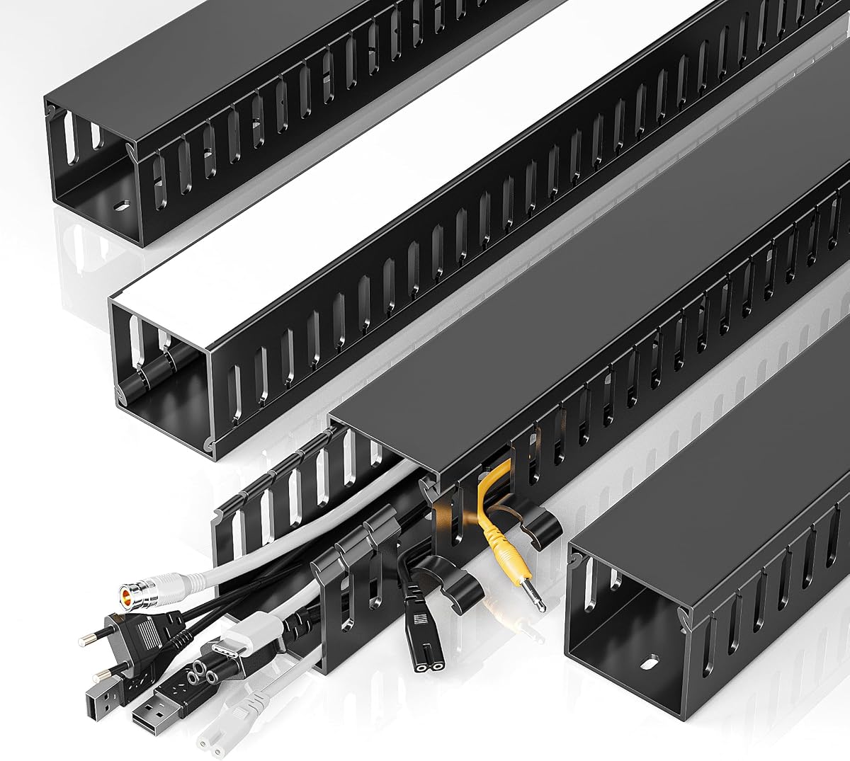 Yecaye 62.8in(4x15.7in) No-Drill Large Cable Management, Under Desk Cord Organizer with Adhesive, Open Slot Cable Raceway for Home/Office/Network, Black