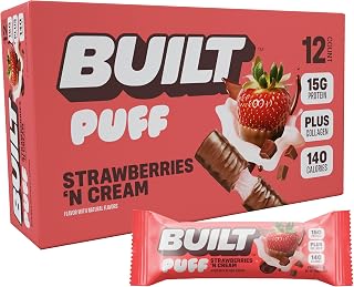 Puff Protein Bars, Strawberries 'N Cream Puff, 15g Protein Snacks, On-The-Go Bars, Only 140 Calories, 8g Sugar, Collagen, Gluten Free, 12 Count