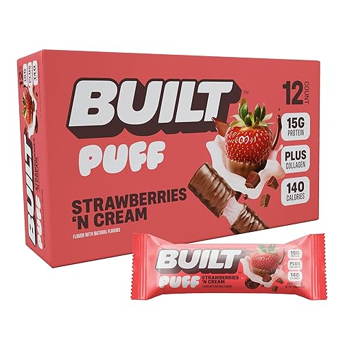 Built Bar, Puff Protein Bars, Strawberries 'N Cream Puff, 15g Protein Snacks, On-The-Go Bars, Only 140 Calories, 8g Sugar, Collagen, Gluten Free, 12 Count - Strawberries 'N Cream Puff - 12 Count (Pack of 1)