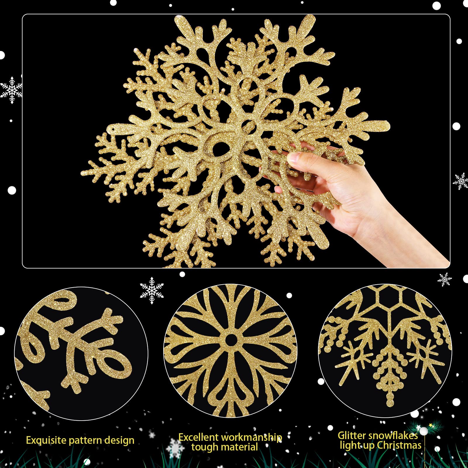 BBTO Large Snowflakes Ornaments 12" Glitter Giant Plastic Snowflake Decorations Oversized Winter Christmas Hanging Decor for Indoor Outdoor(Gold,12 Pack) - Image 3