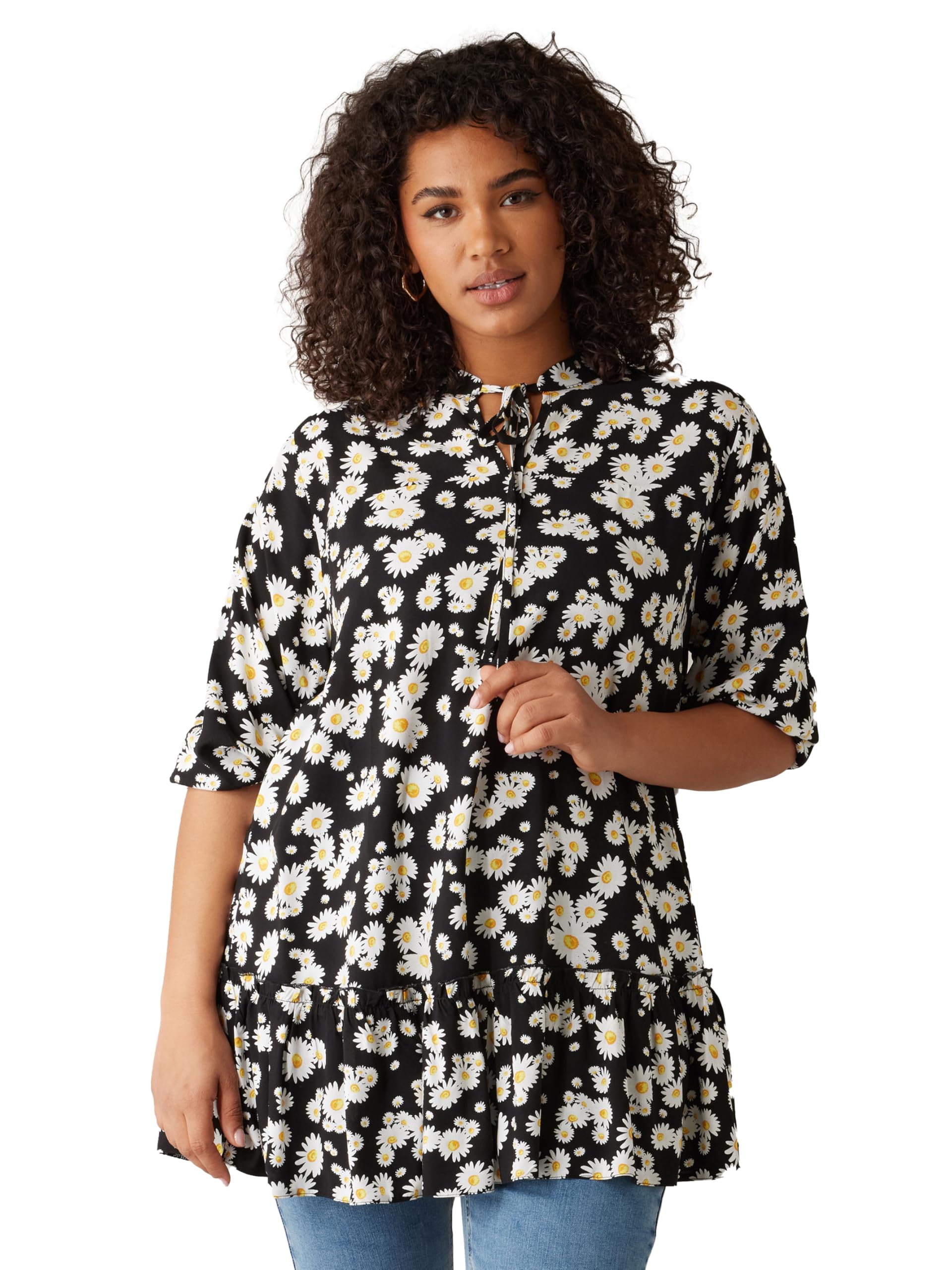 Evans Women's Black Curve Daisy Print Frill Hem Tunic Top - Plus Size Curve