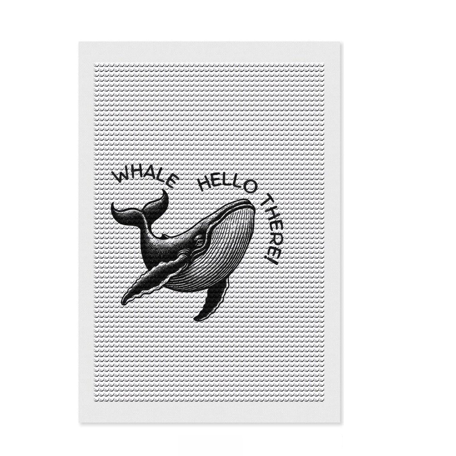 Junmoney Whale Hello There! Black and White Round Drill Diamond Painting 8"x12", with Tool Kit, Easy to Follow Symbols, Farmhouse Decor, for Craft Lovers