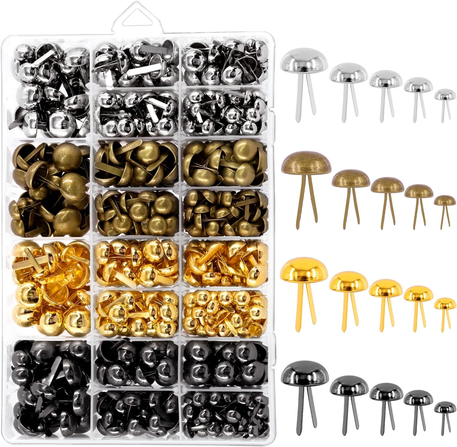 Tanstic 1200Pcs Paper Fasteners Kit 5 Sizes Brads Round Fasteners Metal Paper Fasteners Brass Plated Brads Fasteners for Scrapbooking Crafts DIY Paper(Gold, Silver, Bronze, Black)