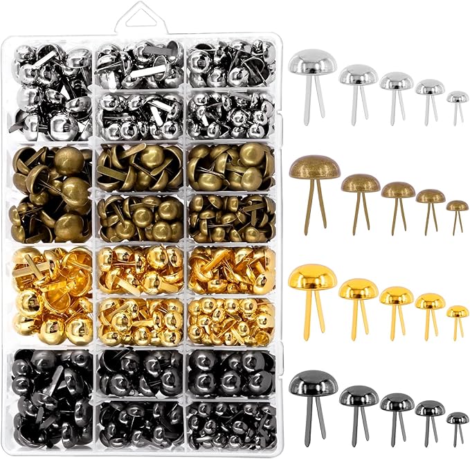 Tanstic 1200Pcs Paper Fasteners Kit 5 Sizes Brads Round Fasteners Metal Paper