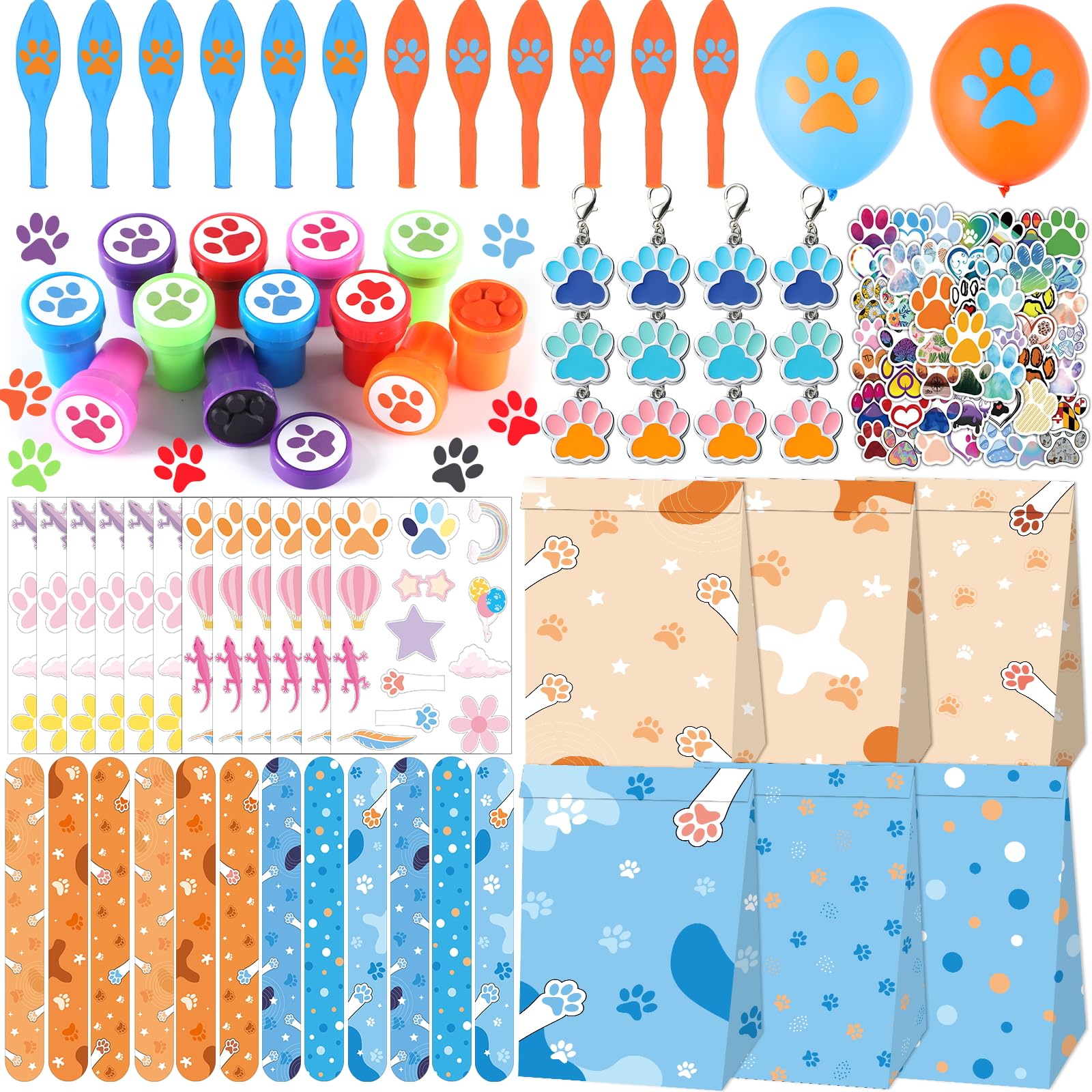 132pcs Blue Dog Party Favors, Blue Orange Dog Paw Birthday Decorations Supplies, Puppy Paw Stamps Balloons Gift Bags Key Chains Slap Bracelets DIY