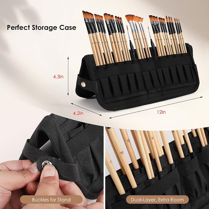 Set profesional de 33 pinceles para pintura planos, filbert y abanico miniatura 2