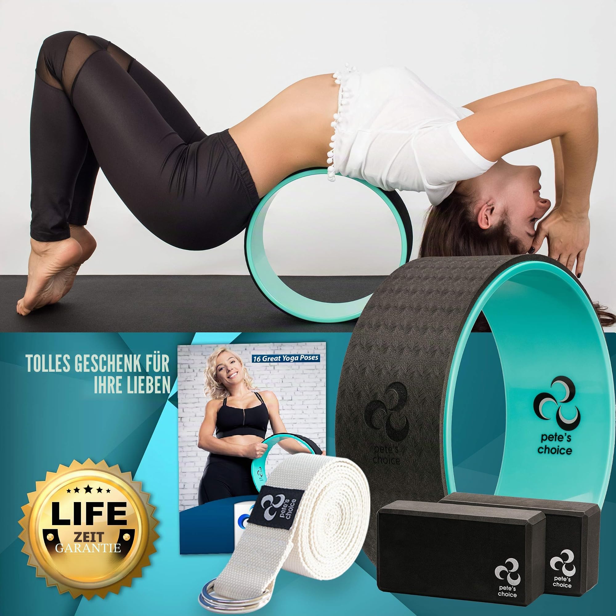 Yoga Set für Anfänger – Fitness Set mit Yogarad, 2 Blöcken, Zusätzlichem eBook und Gurt. Fitness Zubehör für Anfänger | Geschenk für Fans