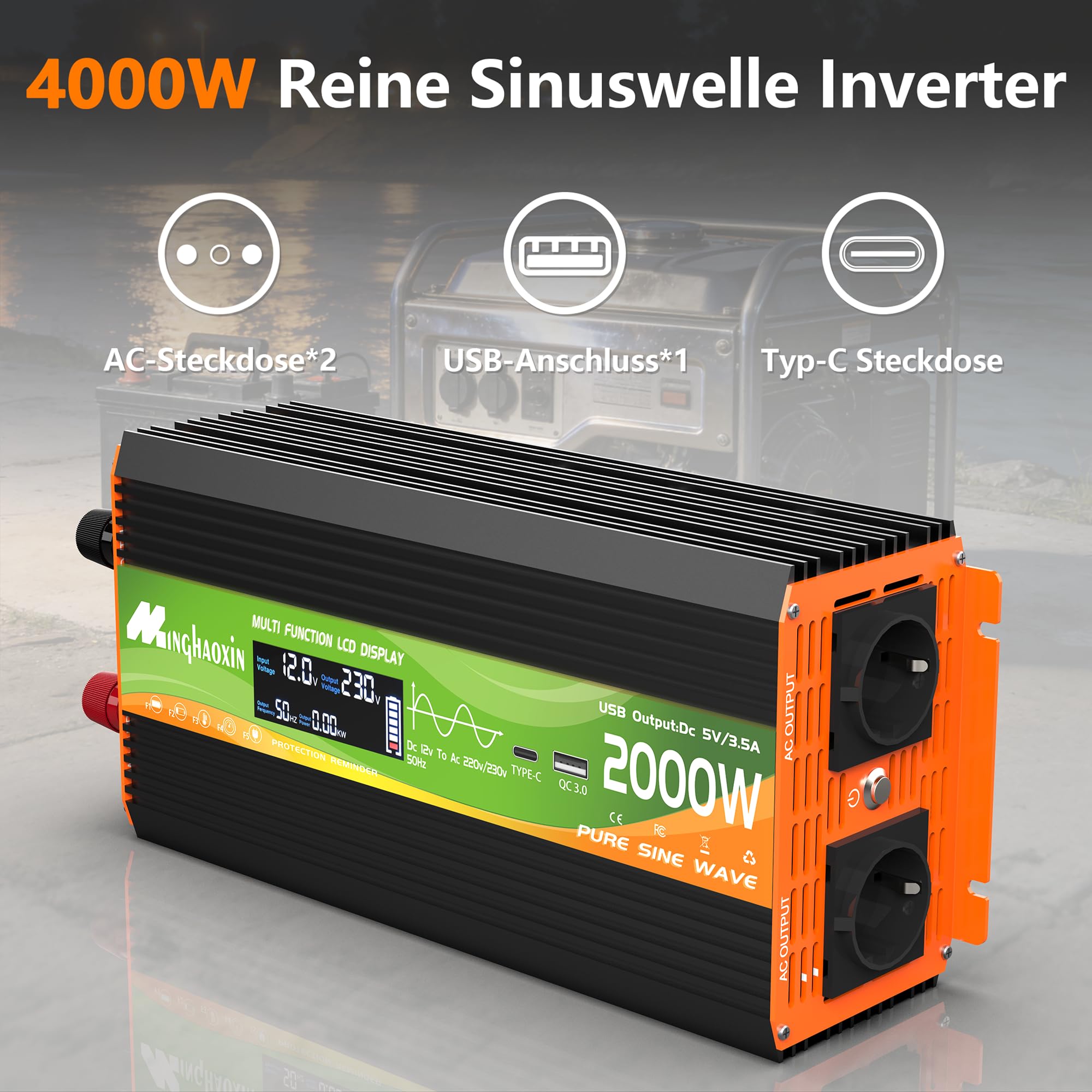 Wechselrichter 2000W Spannungswandler 12V 230V Reiner Sinus Inverter Konverter mit LCD-Display, USB-C-Anschluss und Kupferdraht 2 EU Steckdose für Solar,Fahrzeuge,Wohnmobil(Spitzenleistung 4000 Watt)