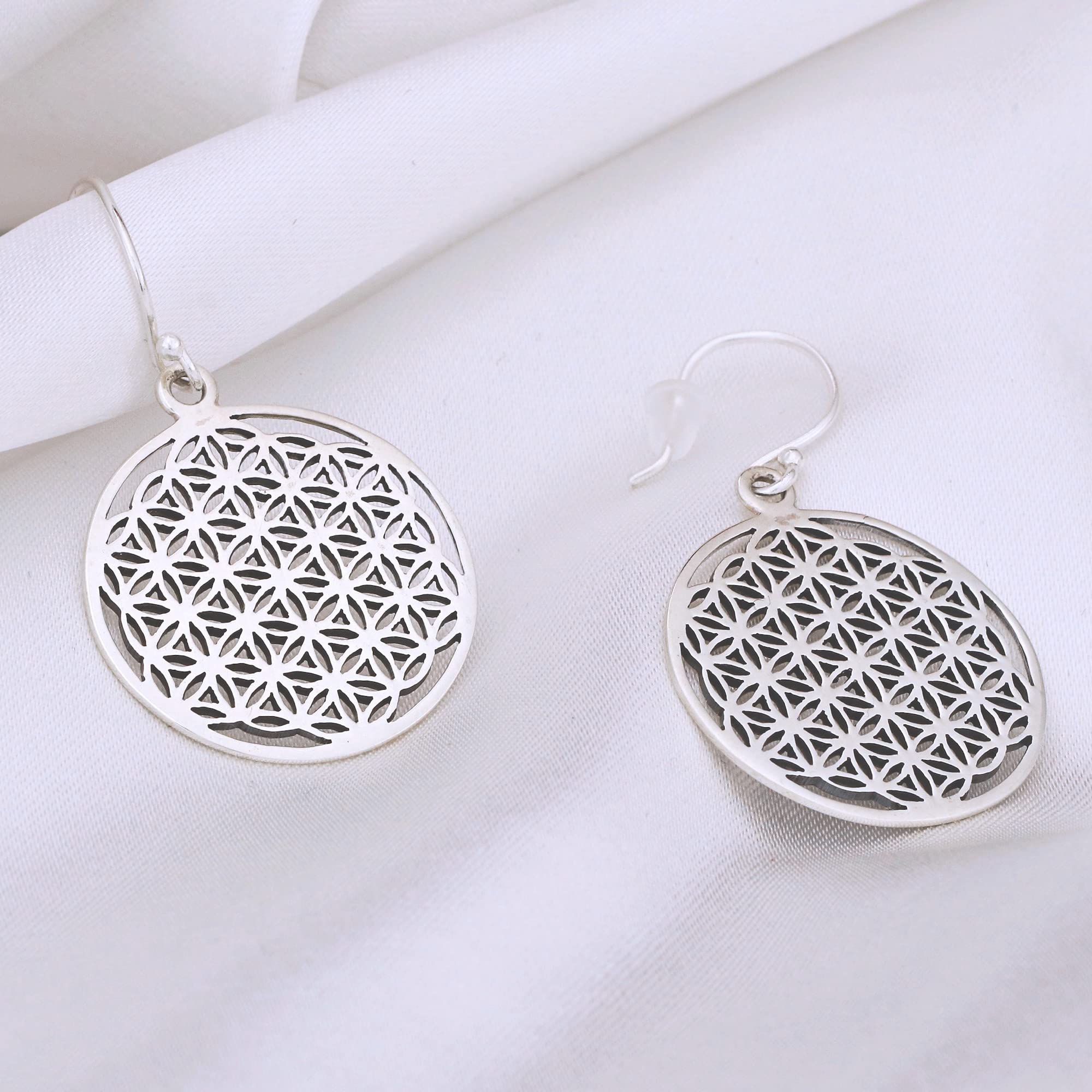MadamLili - Ohrringe Blume des Lebens - Silber 925 Sterling - Hängend - Ohrhänger Set Lebensblume - Heilige Geometrie Schmuckset - Handgefertigt - Exklusive Schmuckbox