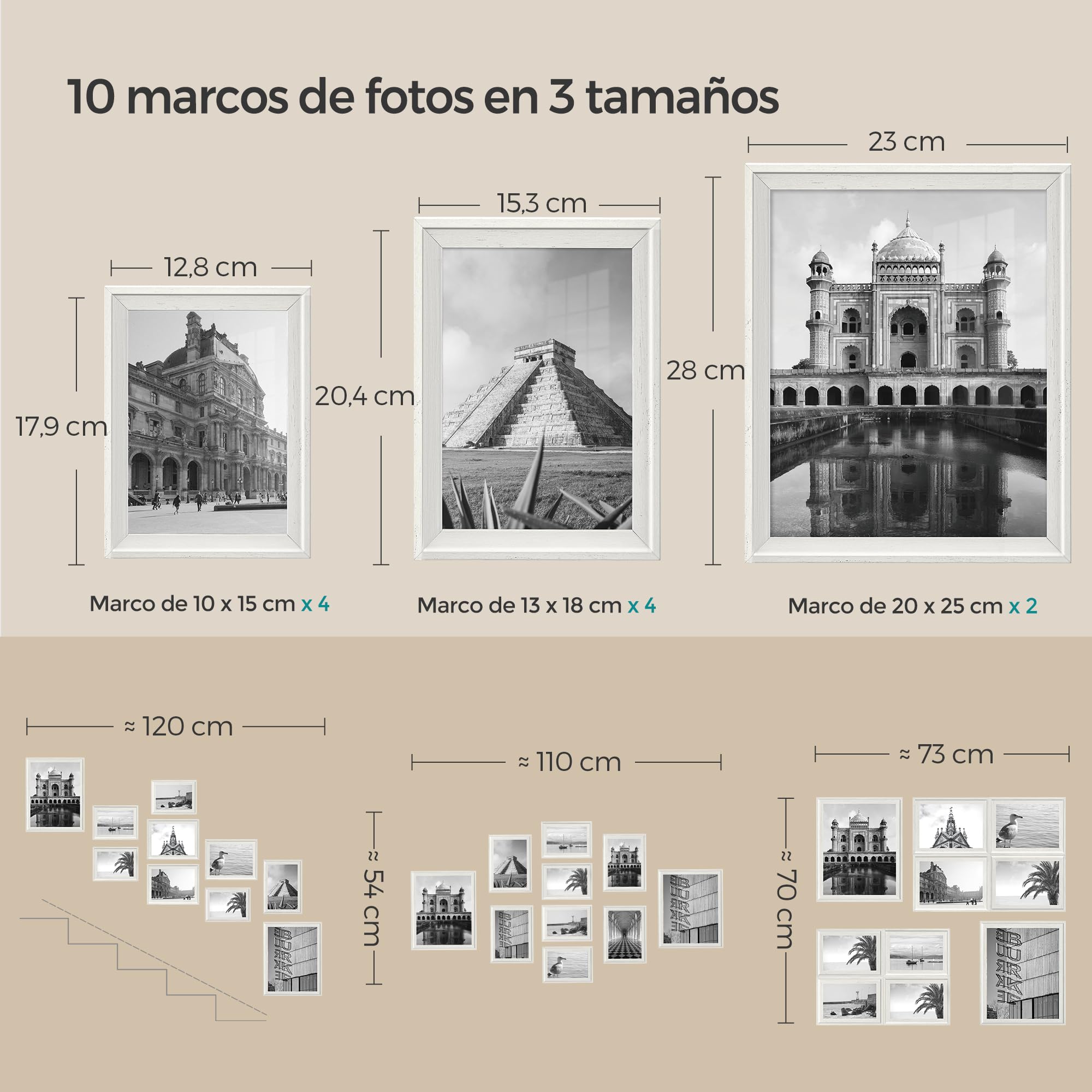 SONGMICS Marcos de Fotos con 16 Alfombrillas, Juego de 10 Marcos de Cuadros, Dos 20x25 cm, Cuatro 13x18 cm, Cuatro 10x15 cm, Colgar o Mostrar, 12 Clavos, Blanco Rústico