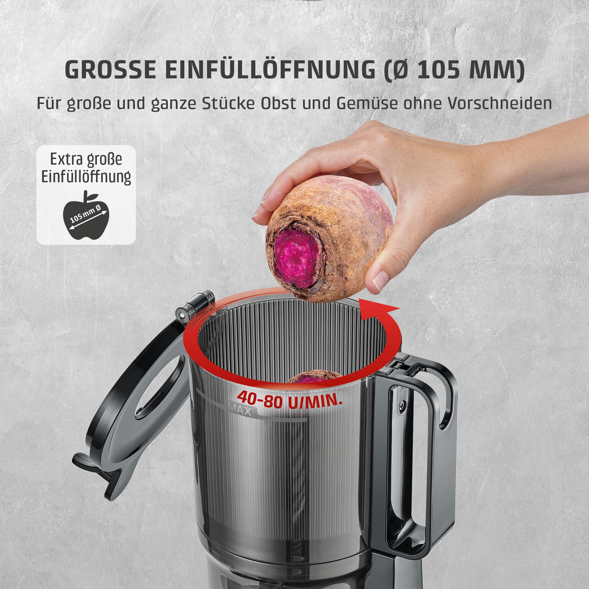 CASO Juice Fit - Slow Juicer, Sanftes und schonendes Entsaften dank niedriger Umdrehungszahl (40 U/min), Fill´n Juice, große Einfüllöffnung von 105mm Ø, Nährstoffe und Vitamine bleiben erhalten
