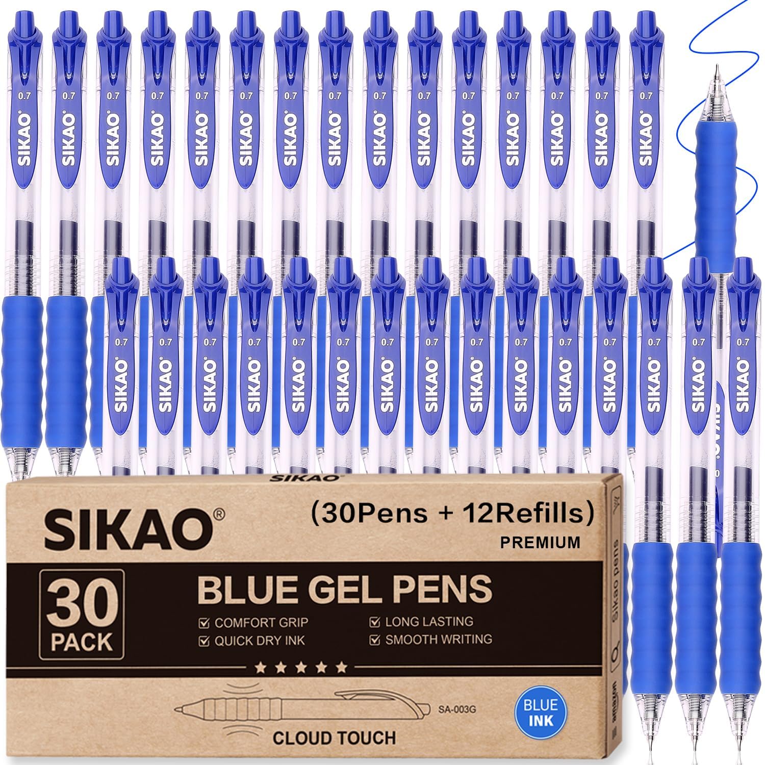 Bolígrafos Gel Azul 30 Unidades, Punta Fina 0.7mm, Bolígrafo Retráctil Sin Manchas, Agarre Ergonómico CLOUD TOUCH, Bolígrafo Gel para Oficina, Escuela, Profesores y Camareros, Pens