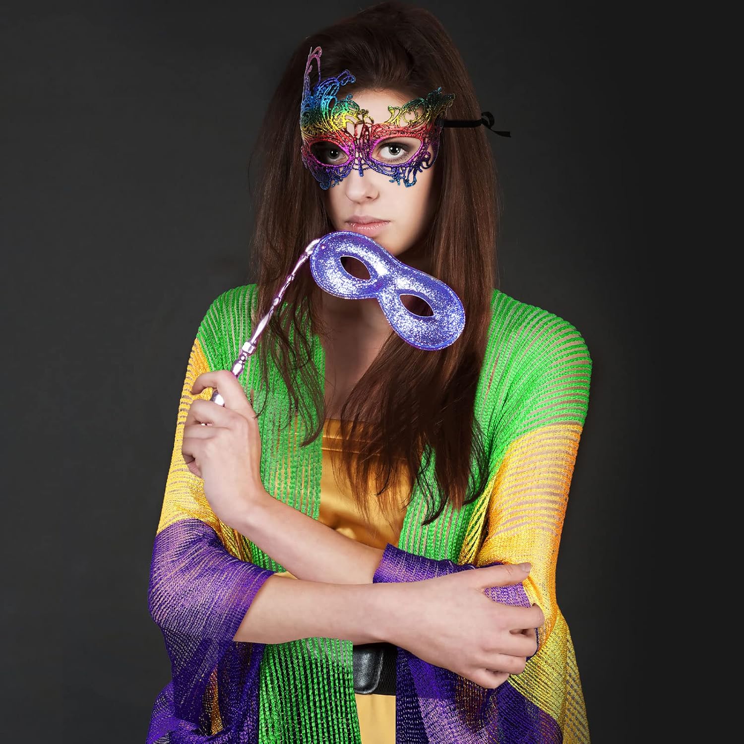 Frienda Mardi Gras Outfit for Women Mardi Gras Poncho Scarf Shawl with Mask Purple Green Gold Masquerade Costume for Masquerade Party Costume Accessories - Image 3