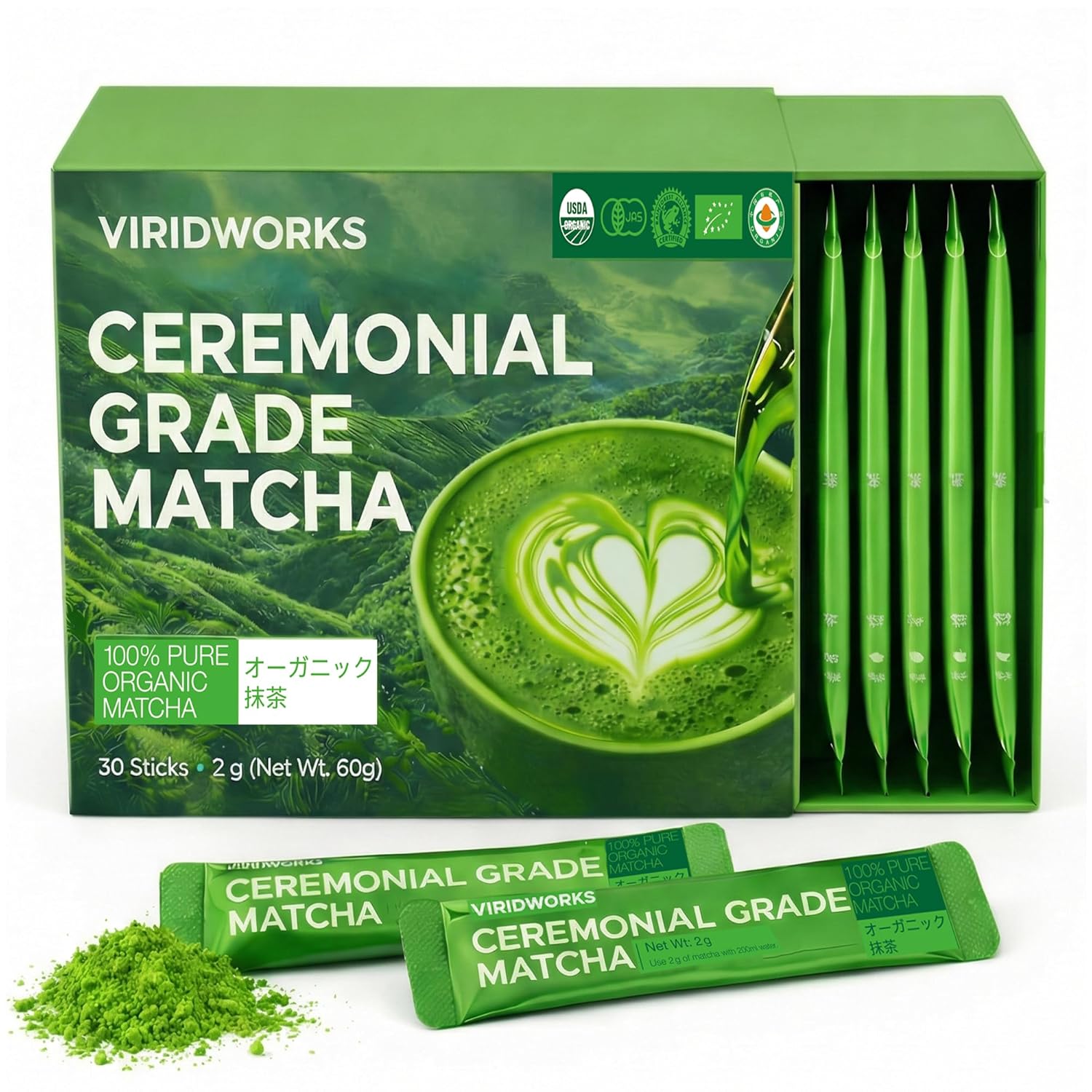 Viridworks Organic Matcha Green Tea Powder Stick Packs - Ceremonial Grade (First Spring Harvest) - Unsweetened Single Serve Packets - USDA, JAS & Rainforest Alliance Certified - 100% Pure & No Additives - 30 Count (Total 60g / 2.12 oz)