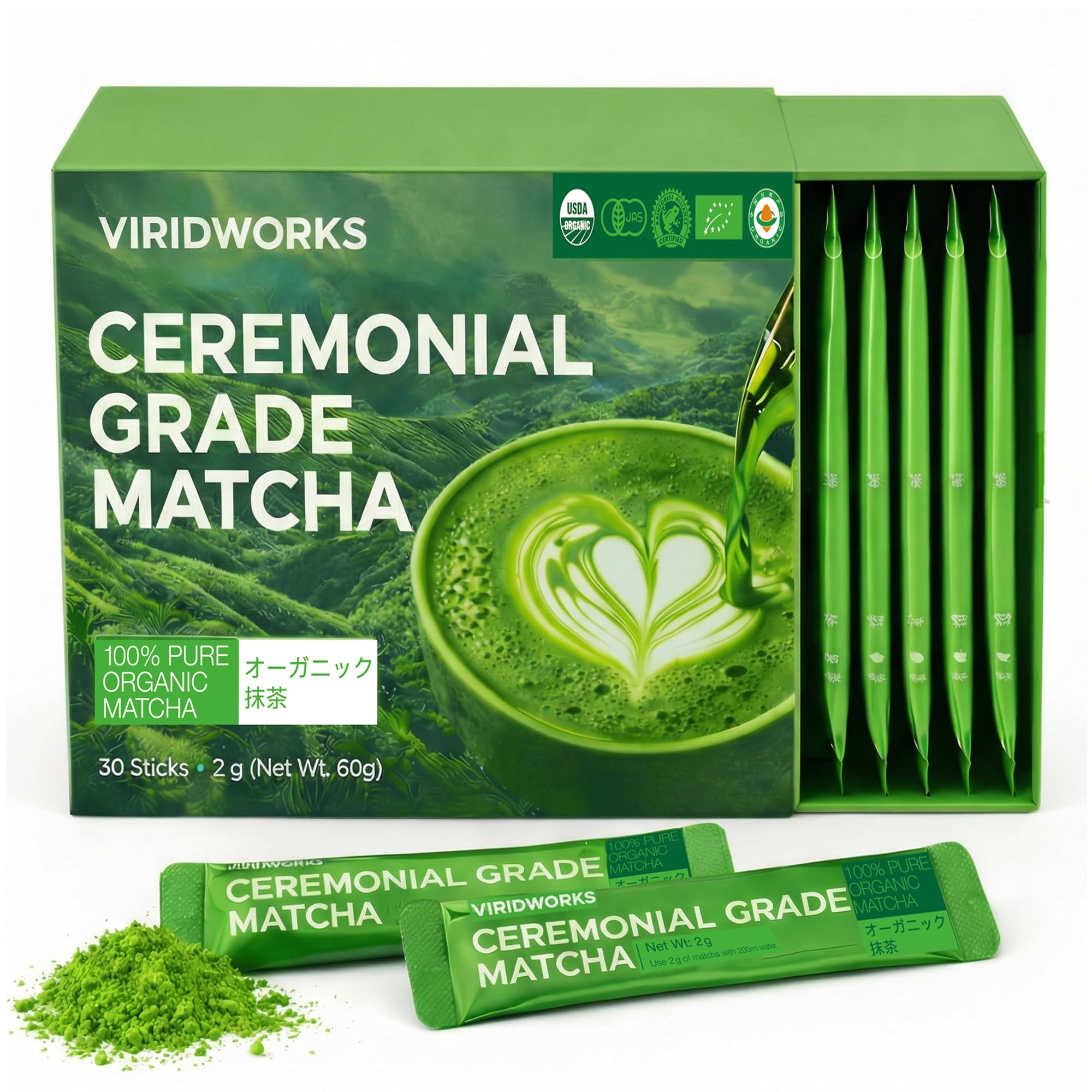 Viridworks Organic Matcha Green Tea Powder Stick Packs - Ceremonial Grade (First Spring Harvest) - Unsweetened Single Serve Packets - USDA, JAS &
